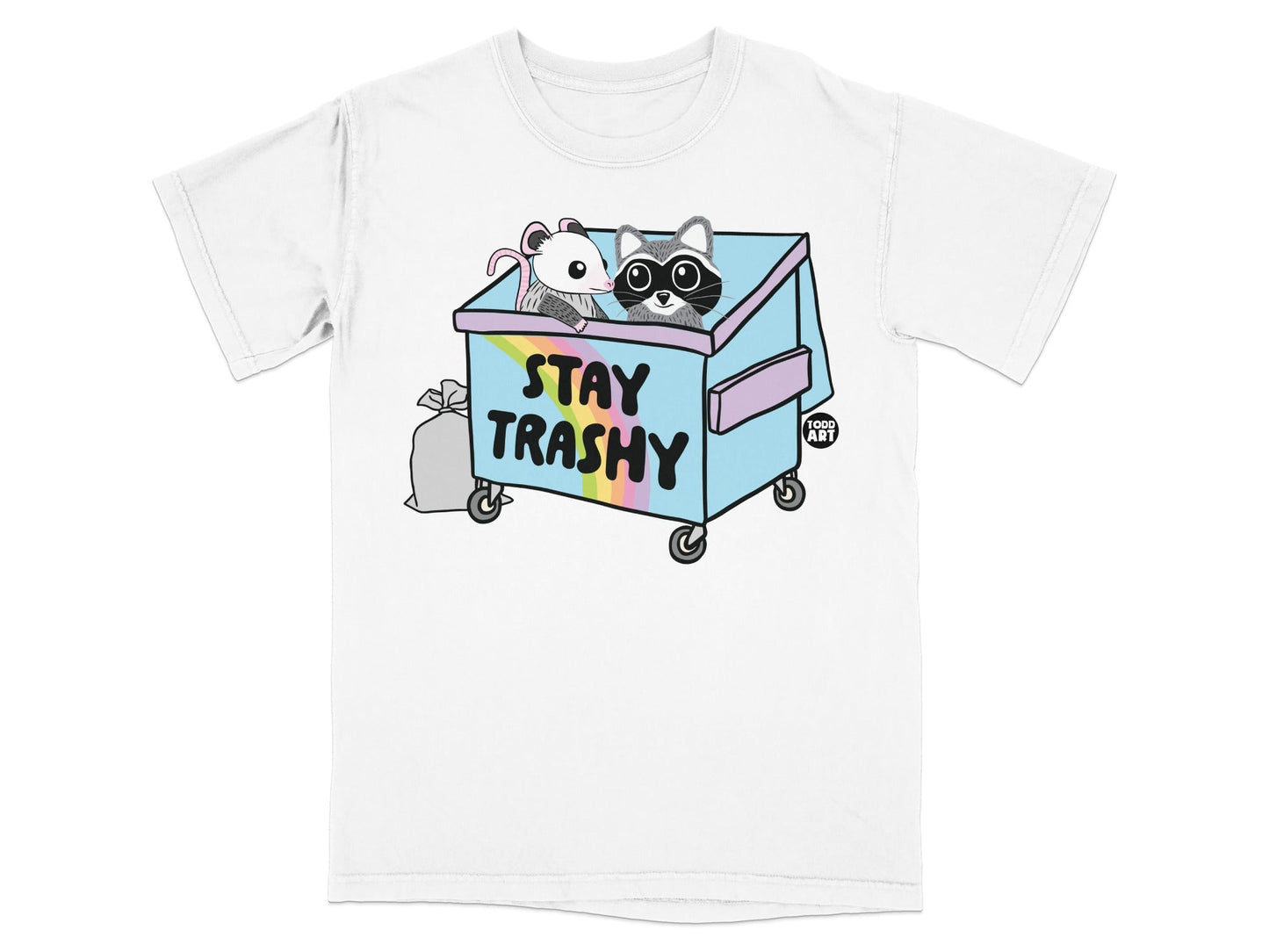 T-shirt with cartoon raccoon and possum in trash can, "STAY TRASHY" text.