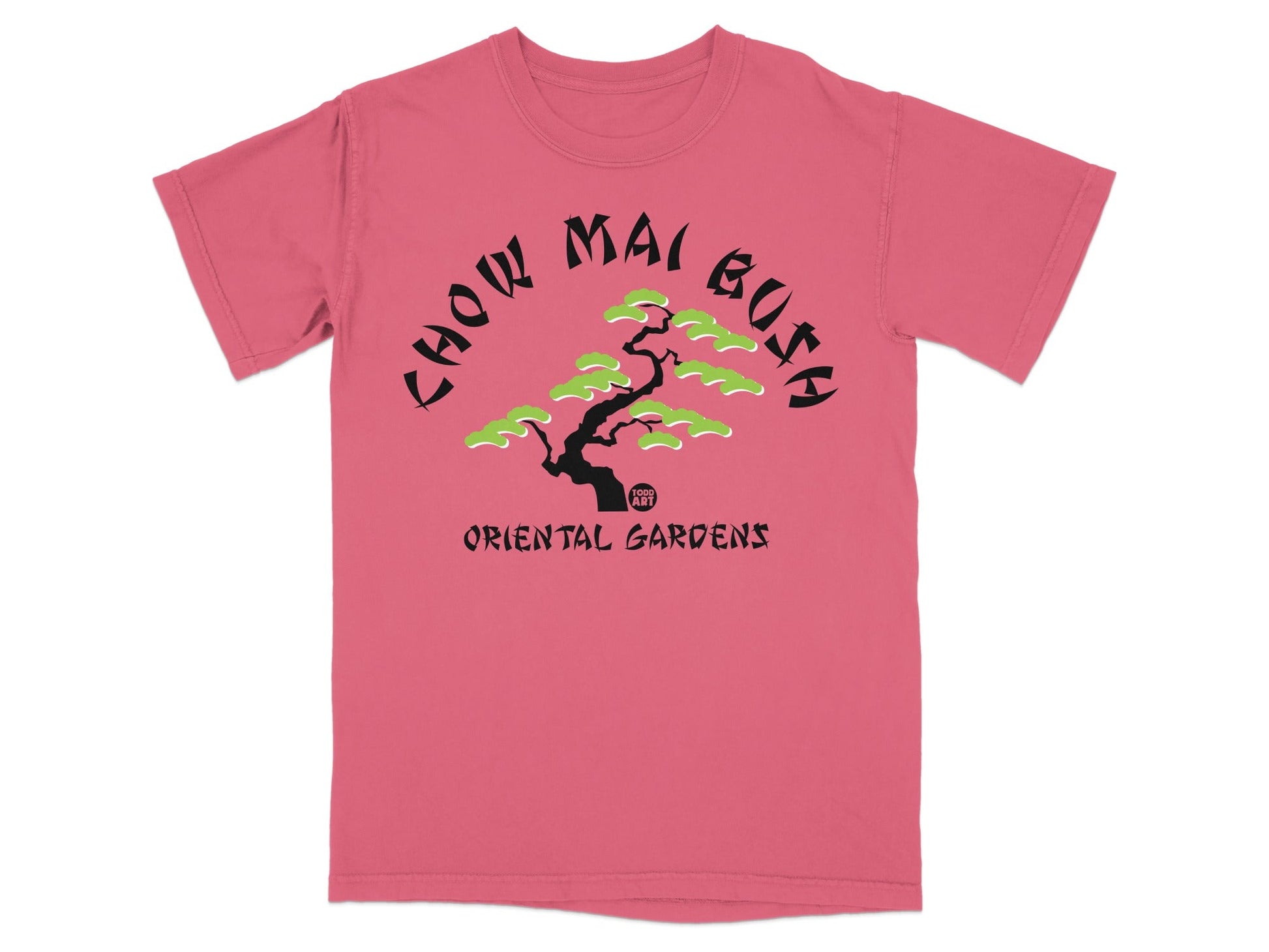 T-shirt with "Chow Mai Gush Oriental Gardens" text and a stylized tree.