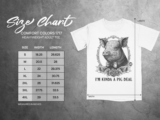 Comfort Colors 1717 t-shirt size chart and graphic of a pig.