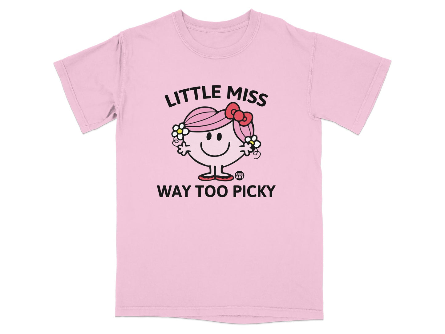 Pink t-shirt with "Little Miss Way Too Picky" and a cartoon girl.