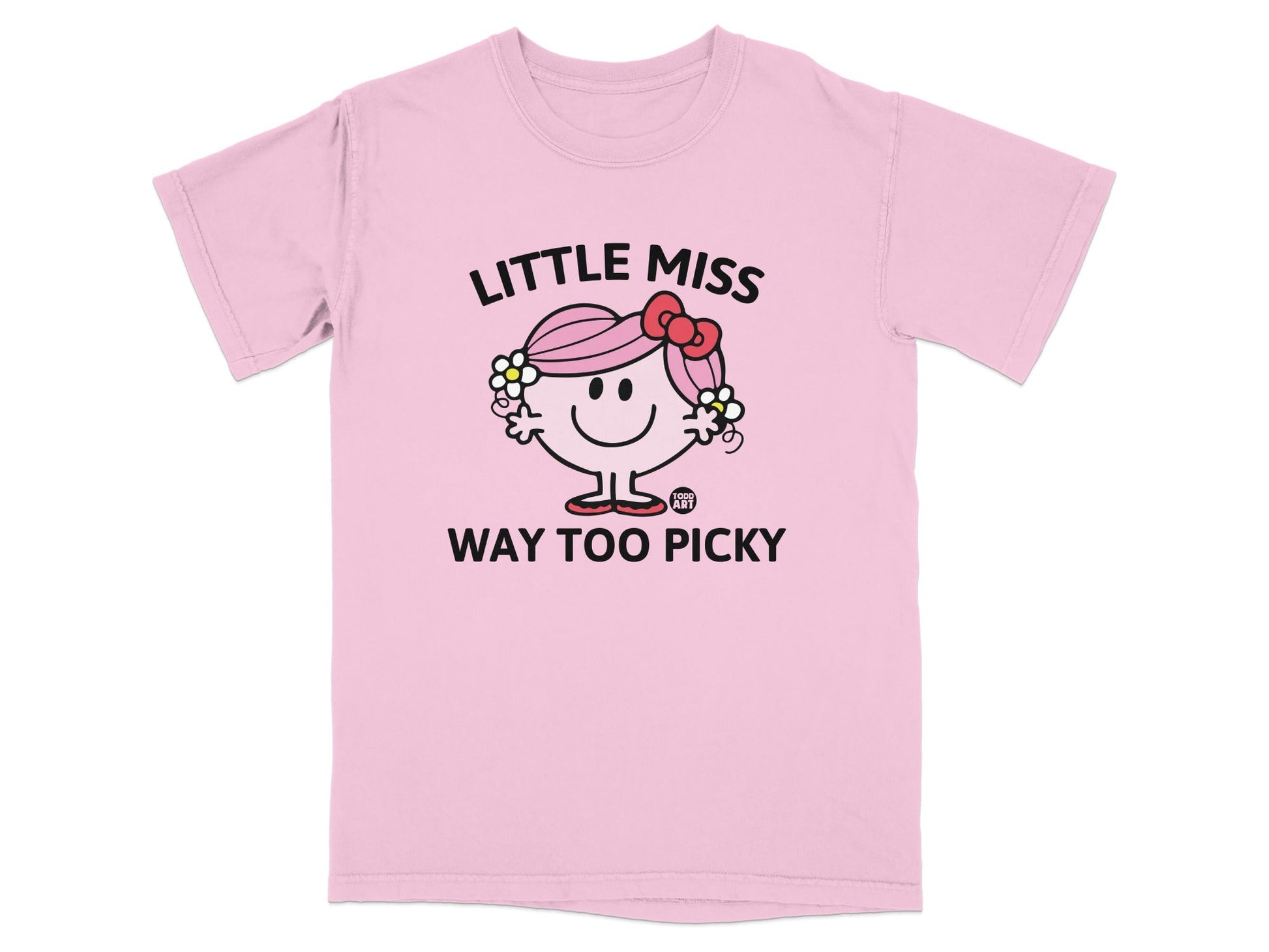 Pink t-shirt with "Little Miss Way Too Picky" and a cartoon girl.
