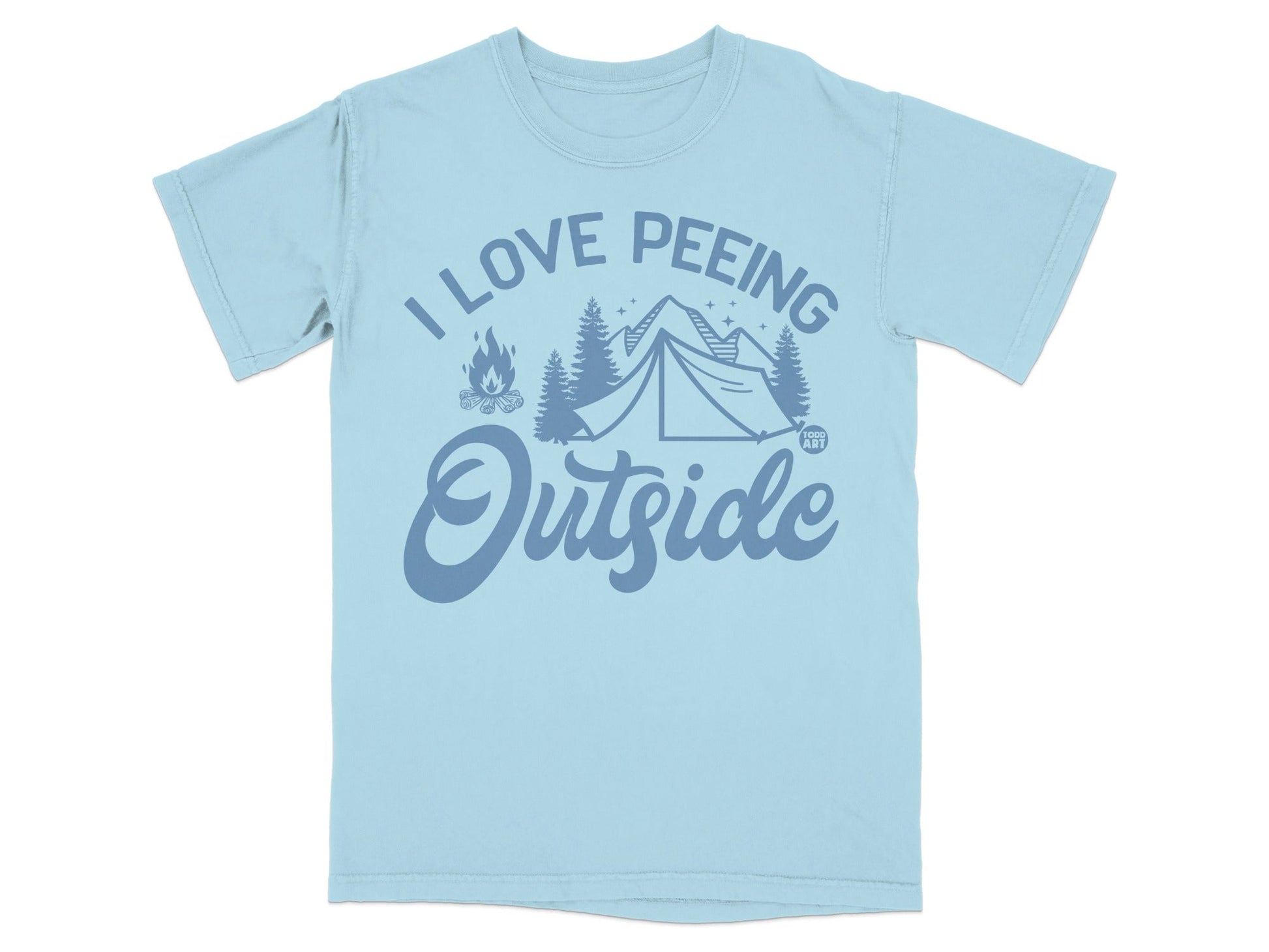 Light blue t-shirt with "I Love Peeing Outside" graphic featuring a tent and trees.