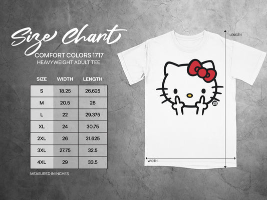 Hello Kitty Comfort Colors 1717 heavyweight adult tee size chart with width and length measurements.