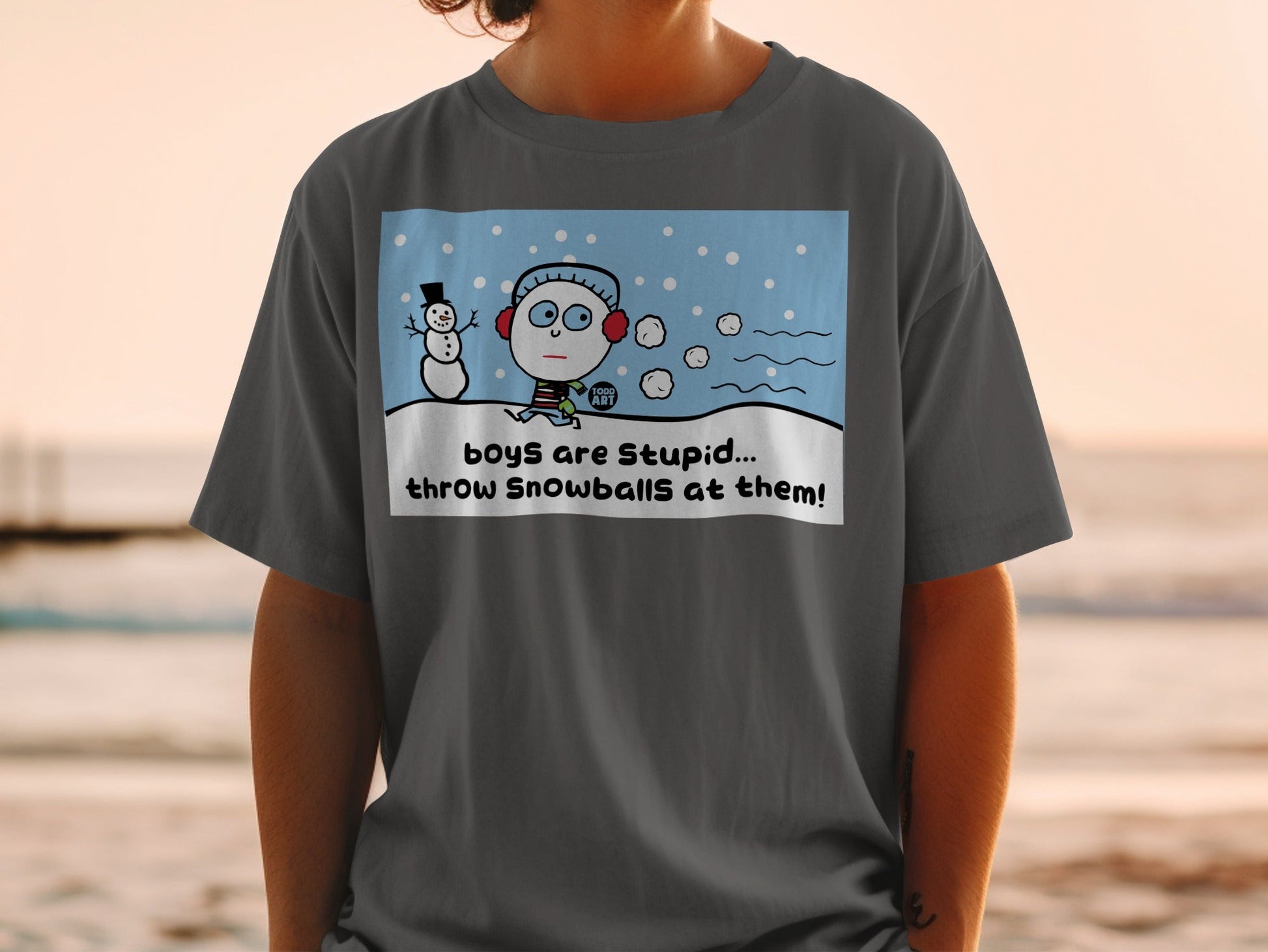 Funny Cartoon Snowball Fight Boys Are Stupid T-shirt