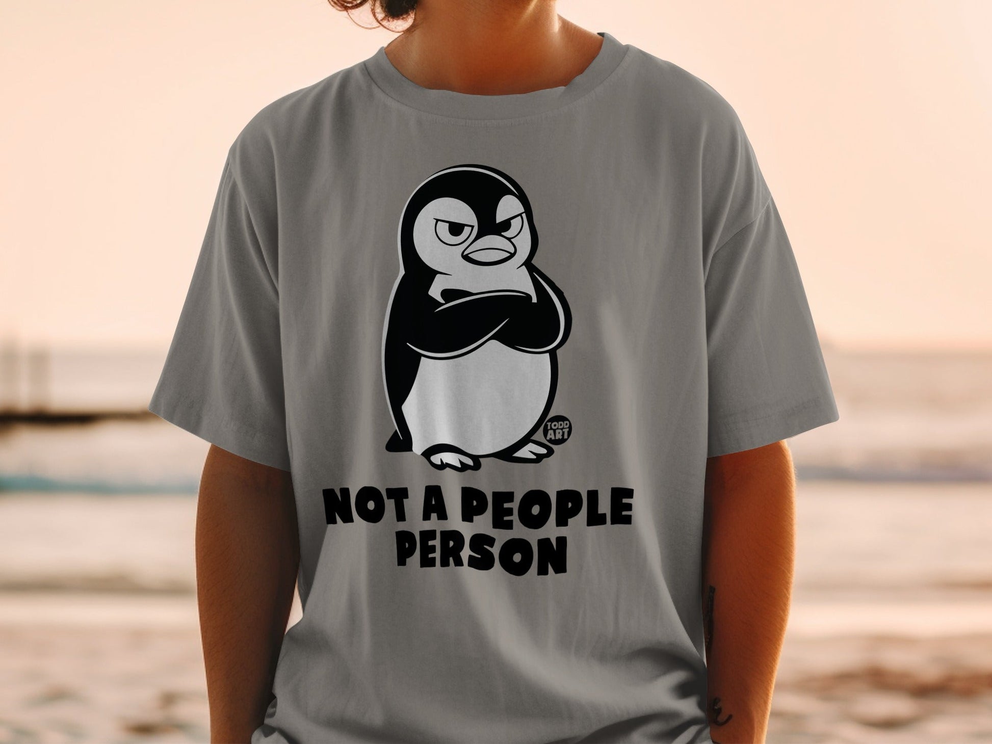 Gray t-shirt with a grumpy penguin graphic and text "NOT A PEOPLE PERSON".