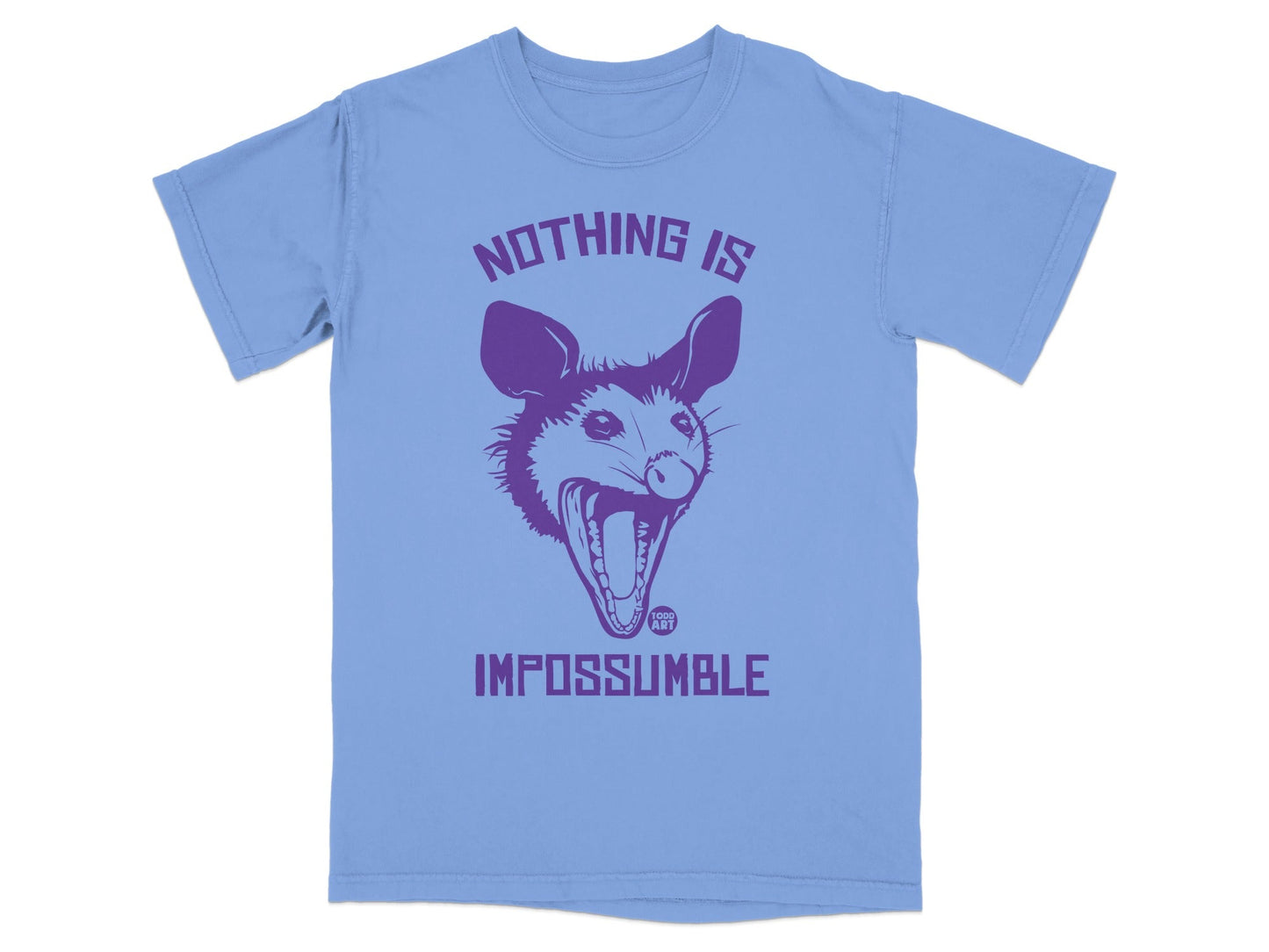 Light blue t-shirt with a graphic of a screaming opossum and purple text.