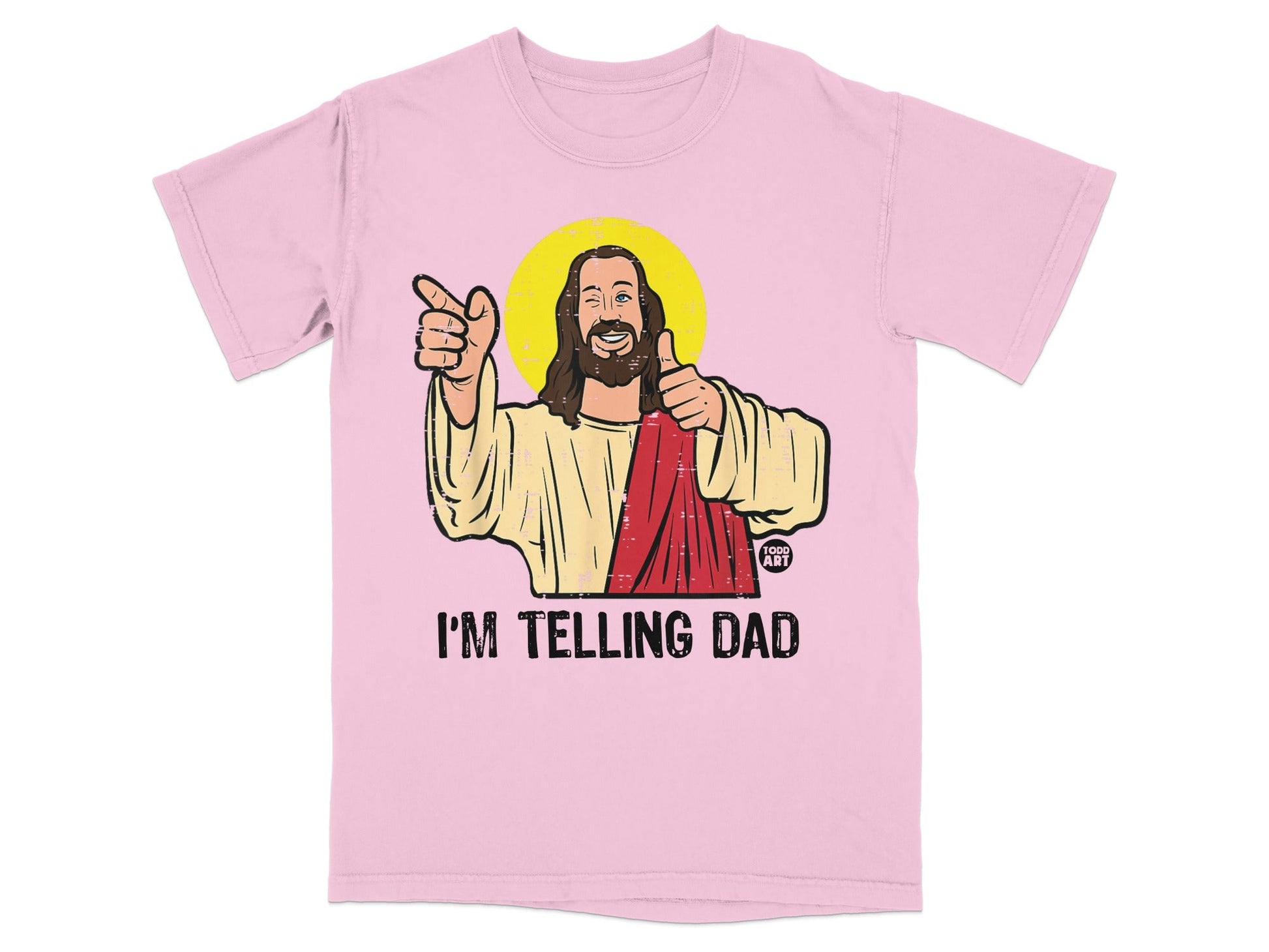 Pink t-shirt with Jesus illustration giving thumbs up, text "I'M TELLING DAD".