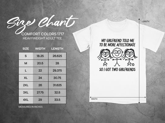 Size chart for Comfort Colors 1717 heavyweight adult tee, with measurements.