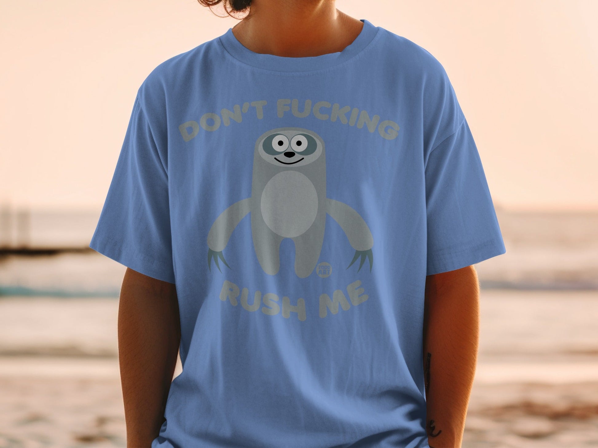 Blue t-shirt with a cartoon sloth and text "DON'T FUCKING RUSH ME".