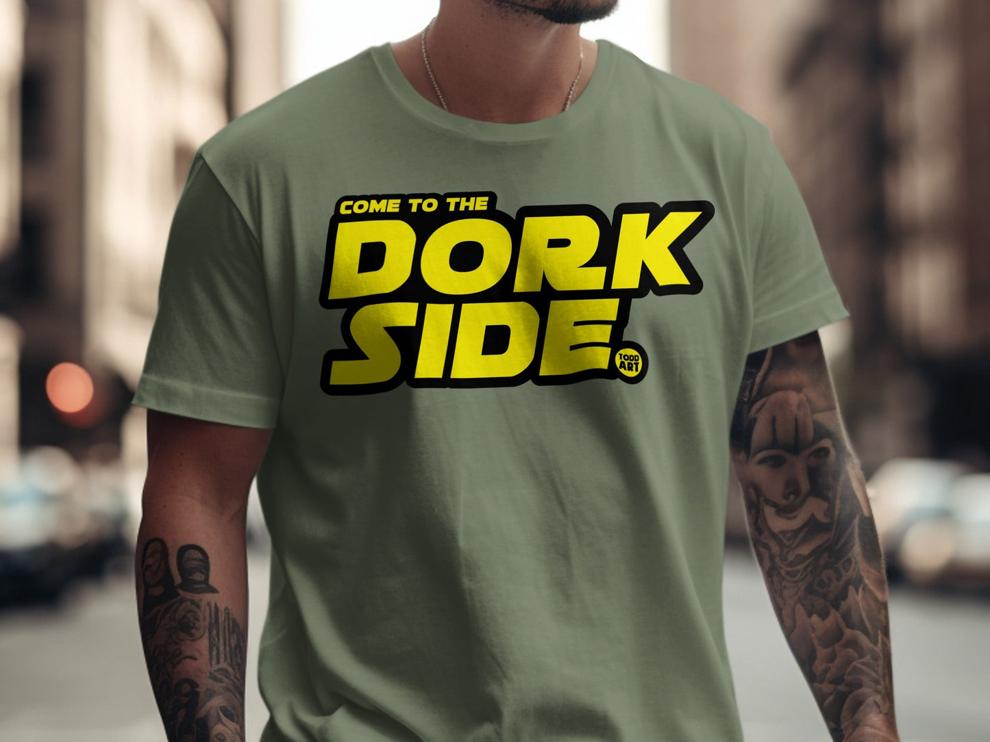 Olive green t-shirt with "Come to the Dork Side" text in yellow and black.