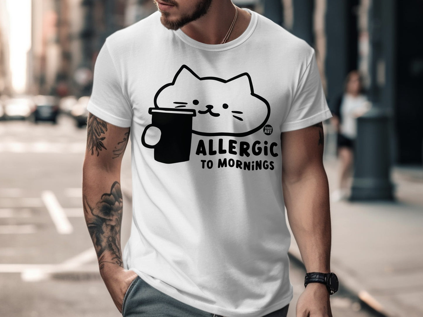 Allergic To Mornings Cat Cup Graphic T-shirt