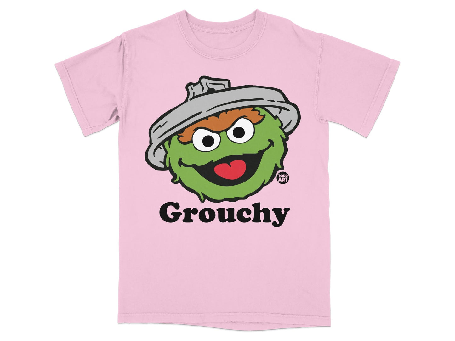 Pink t-shirt with Oscar the Grouch's face and "Grouchy" text.