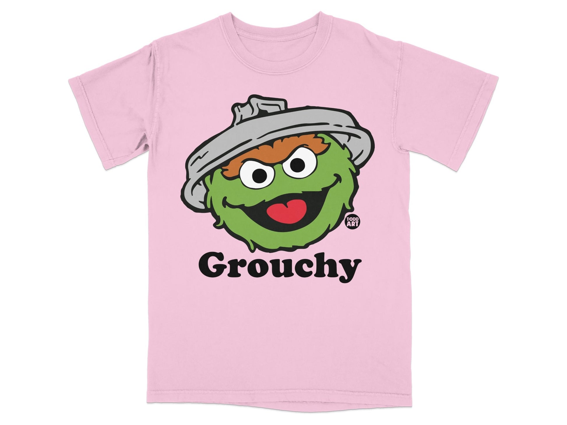 Pink t-shirt with Oscar the Grouch's face and "Grouchy" text.