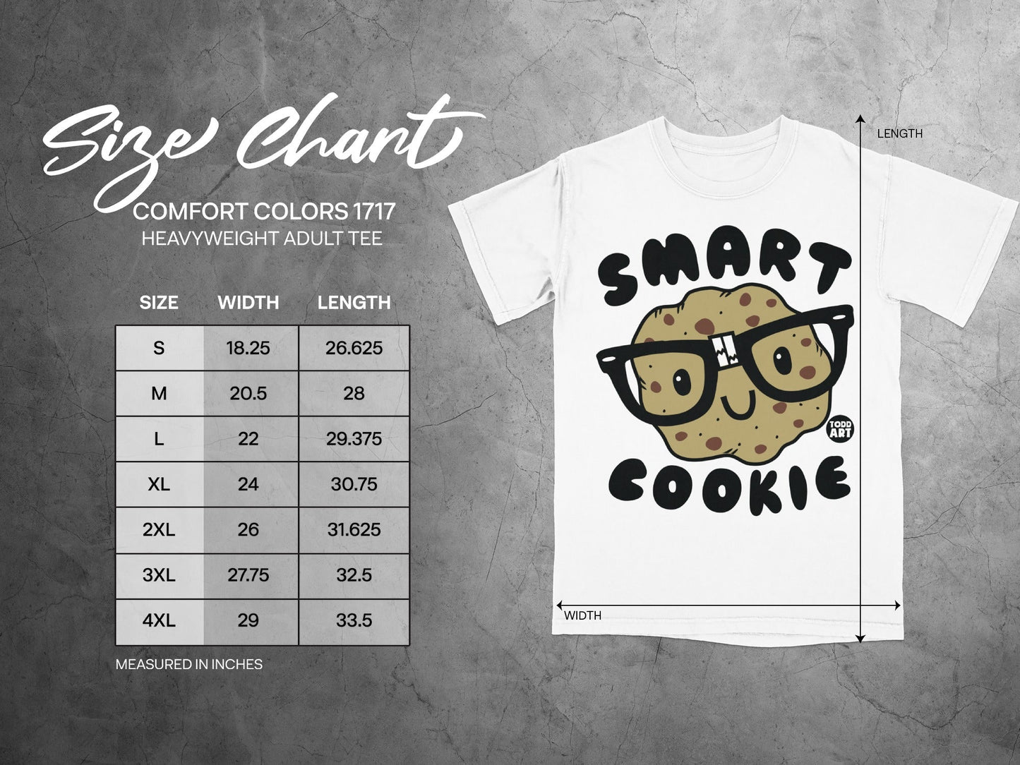 Smart Cookie Graphic Tee Size Chart for Comfort Colors 1717