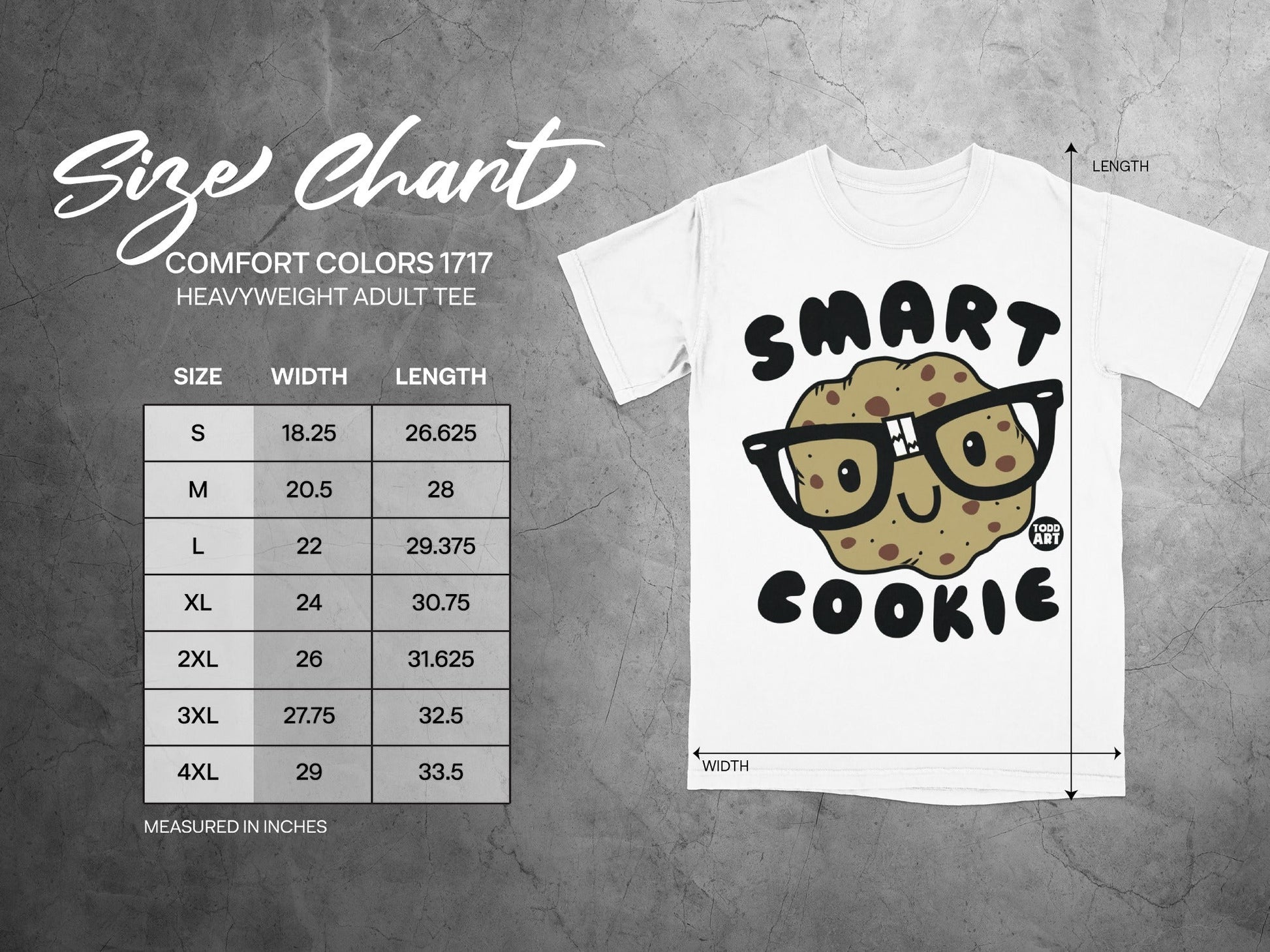 Smart Cookie Graphic Tee Size Chart for Comfort Colors 1717