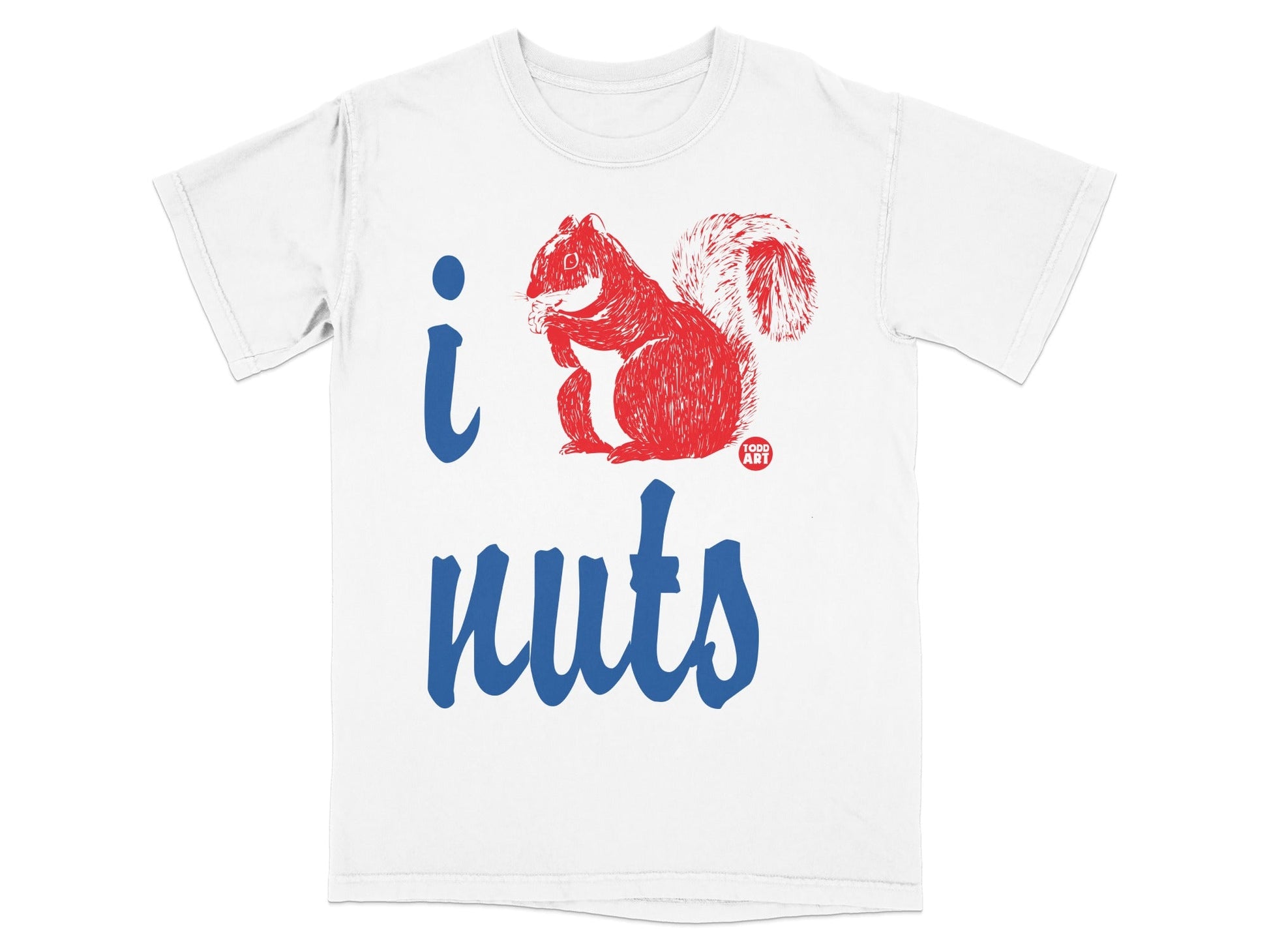 White t-shirt with red "i" and squirrel graphic, blue "nuts" text.