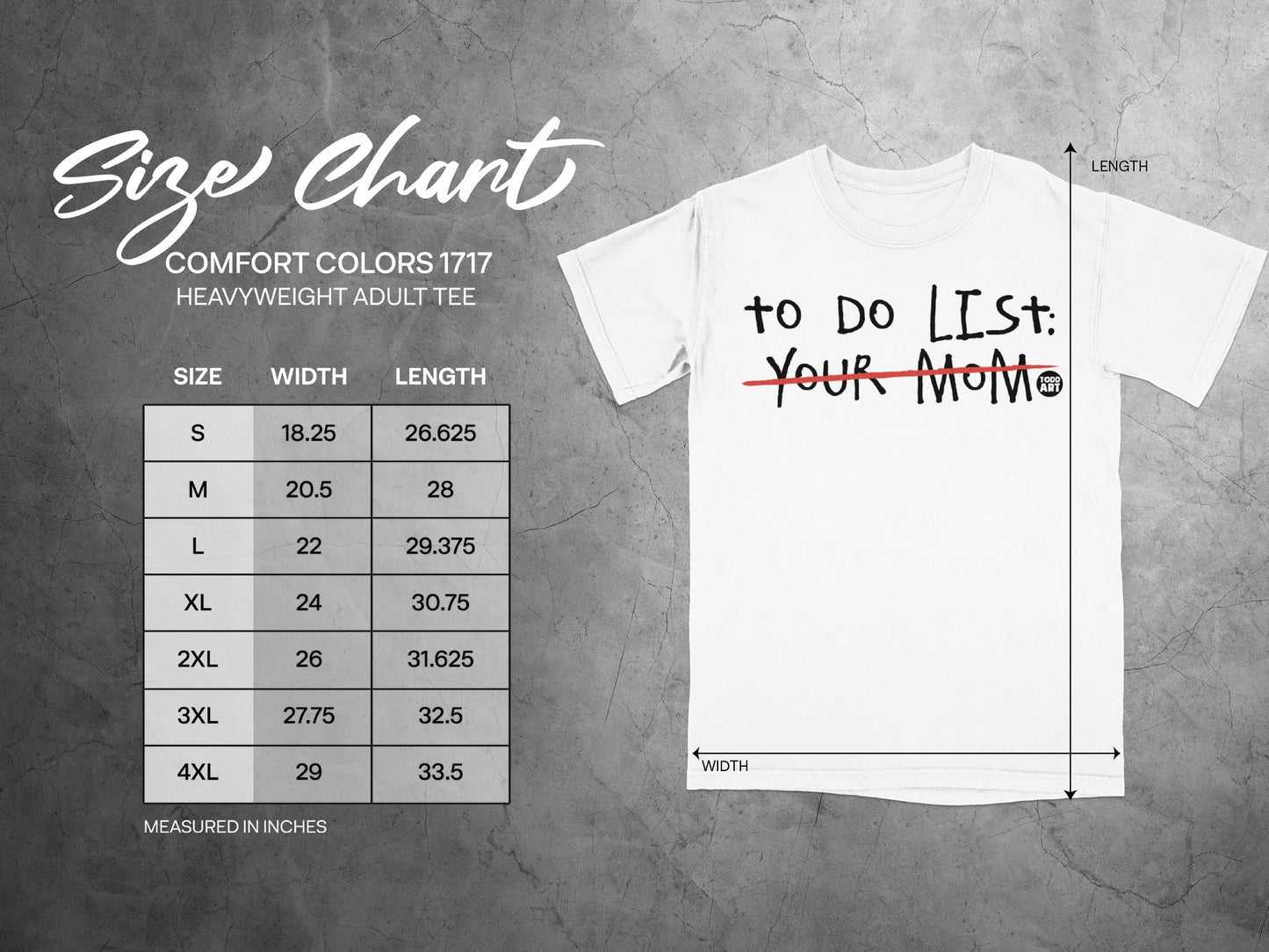 Comfort Colors 1717 heavyweight adult t-shirt size chart with measurements.