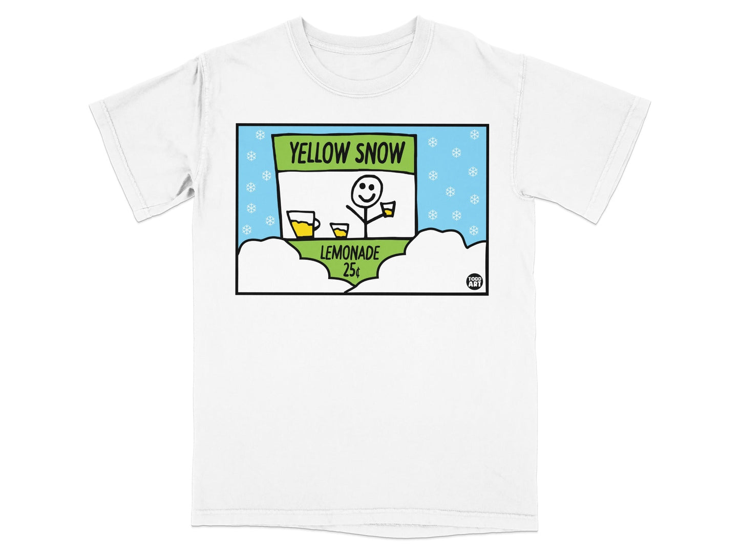 White t-shirt with cartoon yellow snow stand selling lemonade for 25 cents.