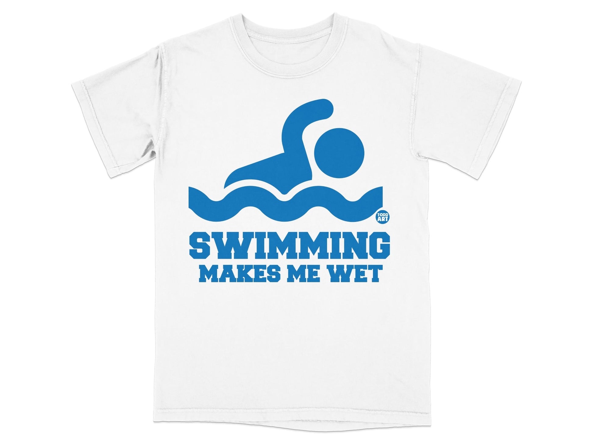T-shirt with blue swimming graphic and "SWIMMING MAKES ME WET" text.