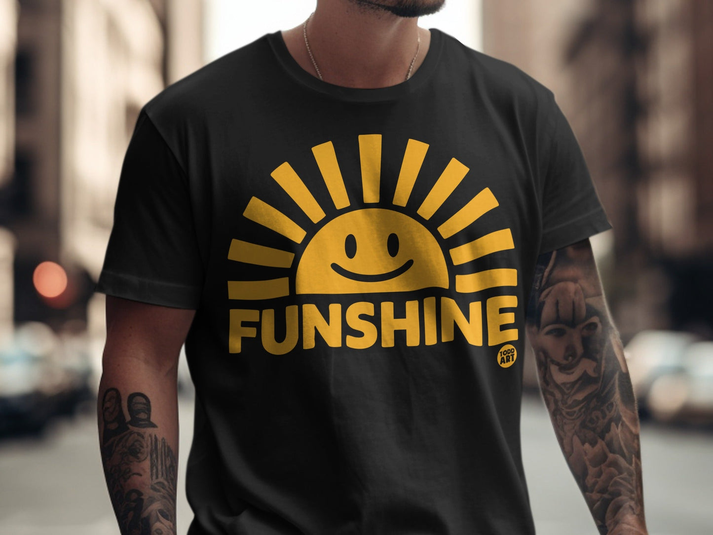 Black t-shirt with yellow "FUNSHINE" text and sun graphic.