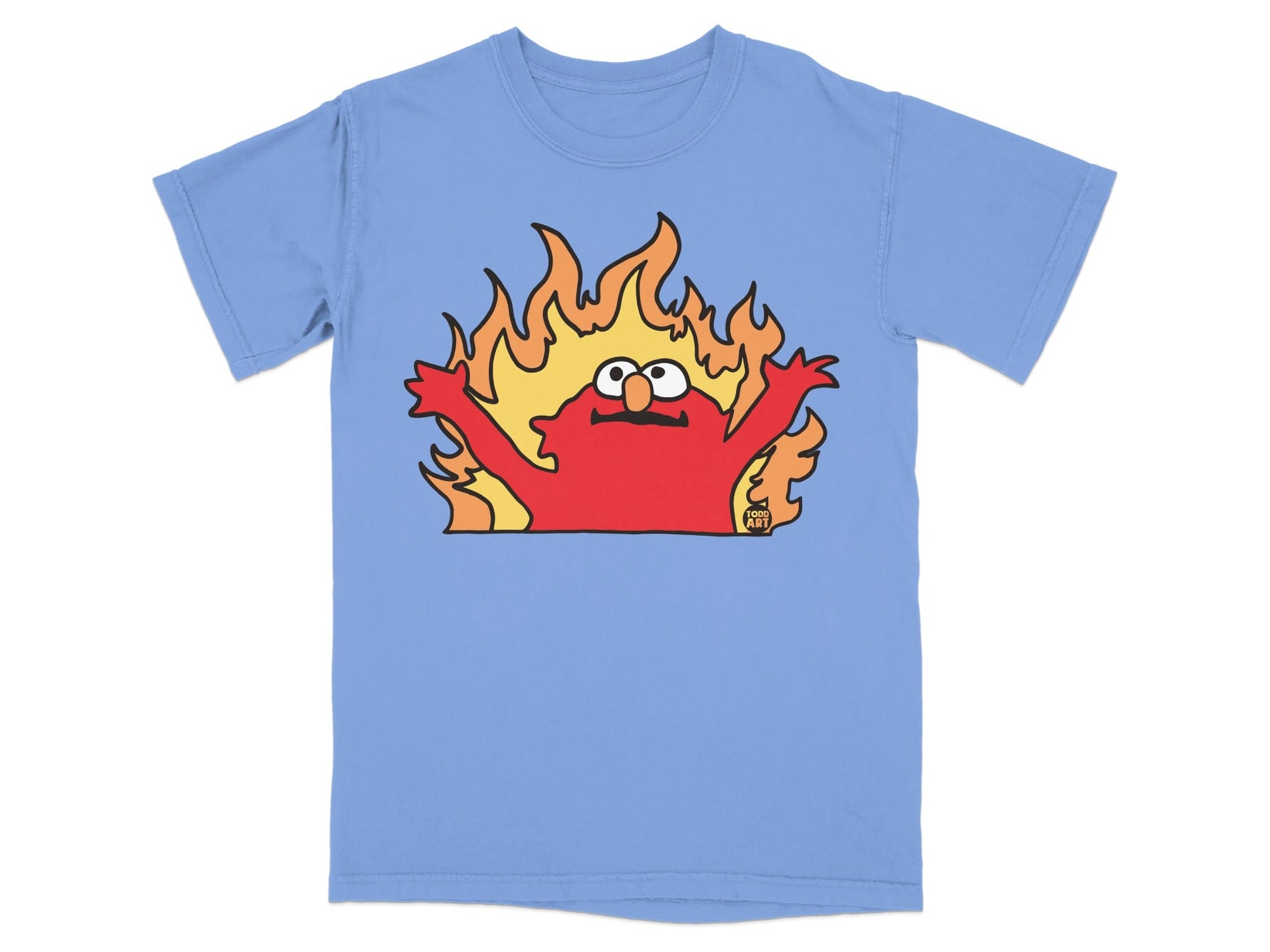 Elmo on a light blue t-shirt engulfed in cartoon flames.