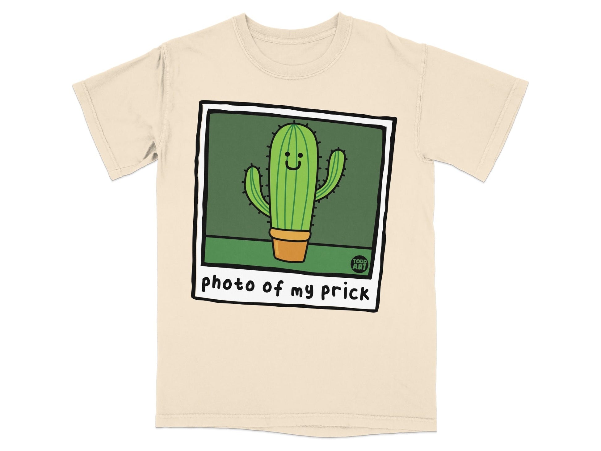 T-shirt with a cartoon cactus in a pot, reading "photo of my prick".