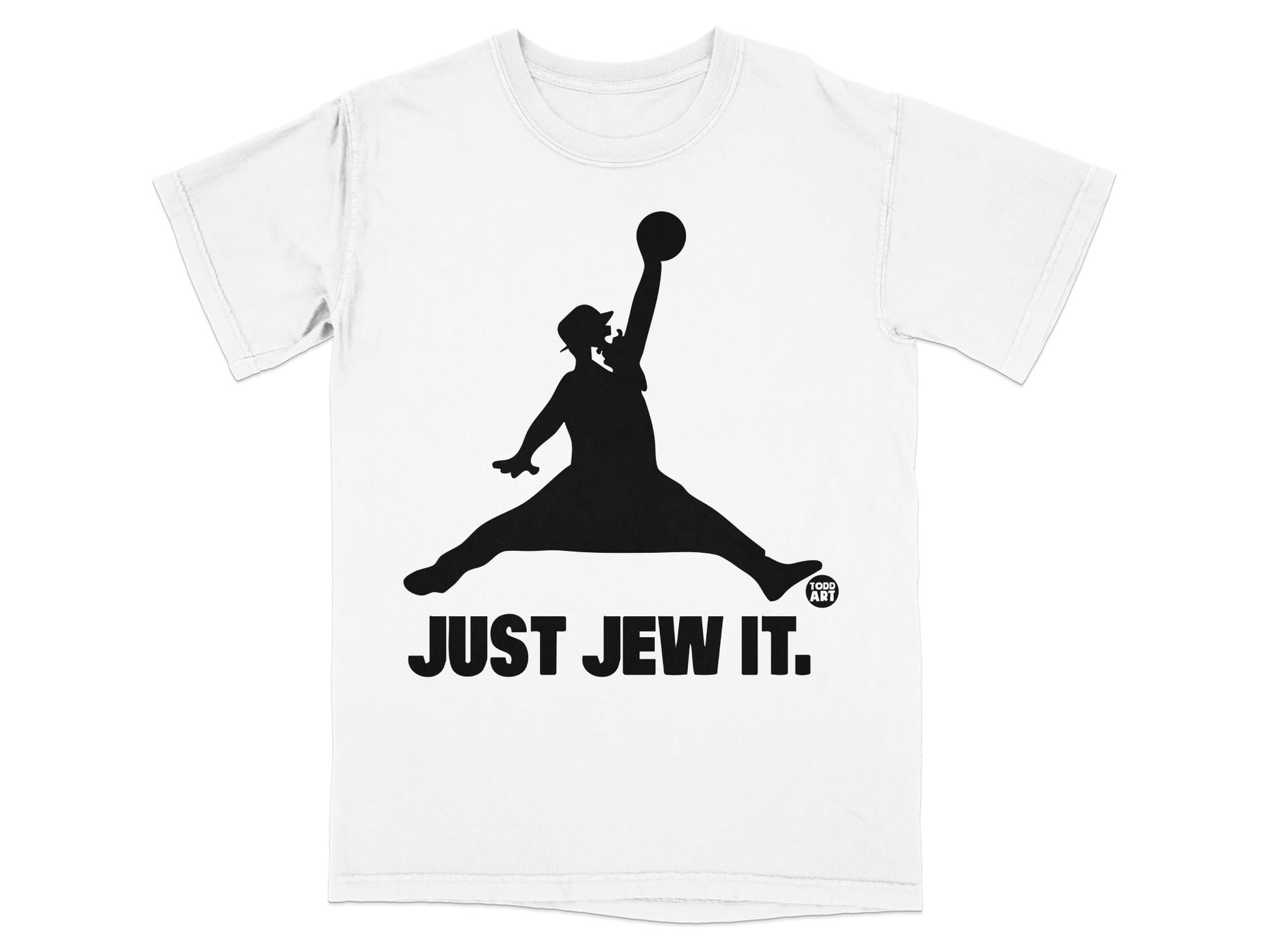 Black silhouette of a person in a hat jumping with a basketball, "JUST JEW IT."