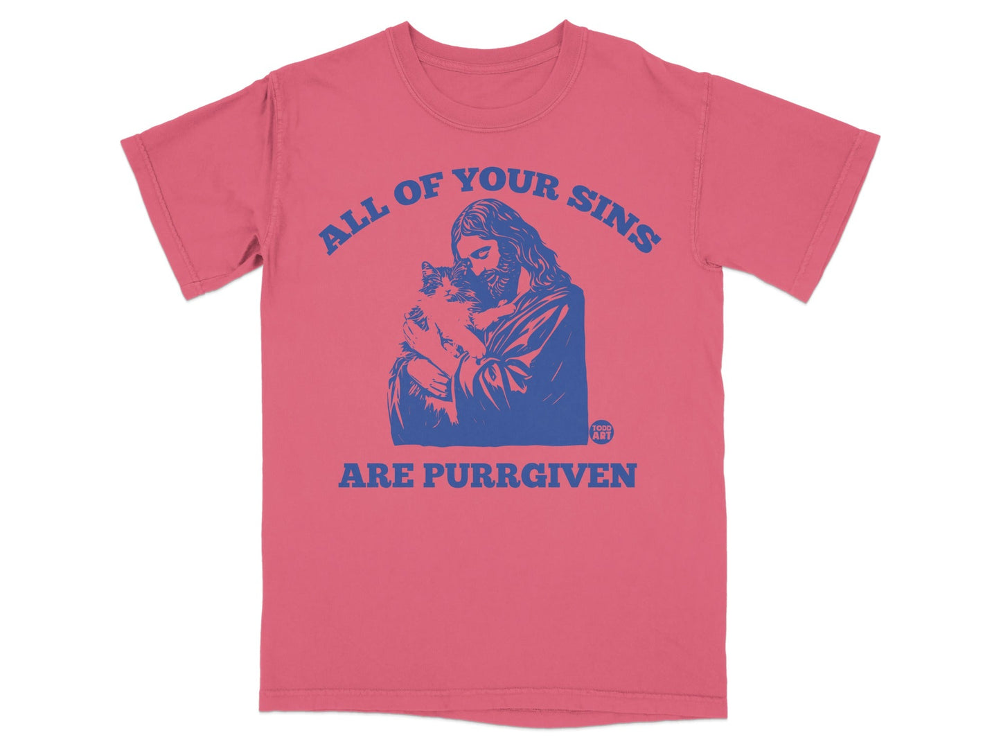T-shirt with Jesus holding a cat, text says "ALL OF YOUR SINS ARE PURR-GIVEN".