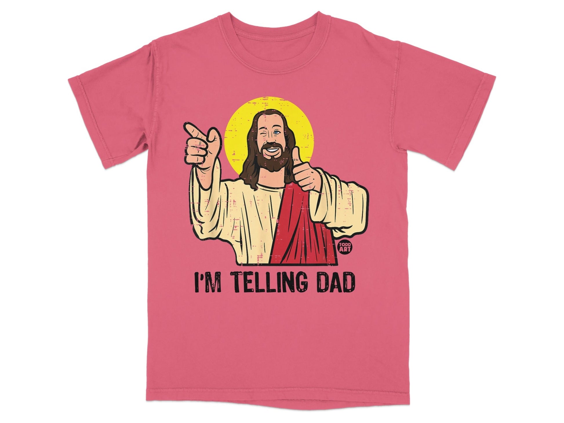 Jesus gives thumbs up and points, text reads "I'M TELLING DAD".