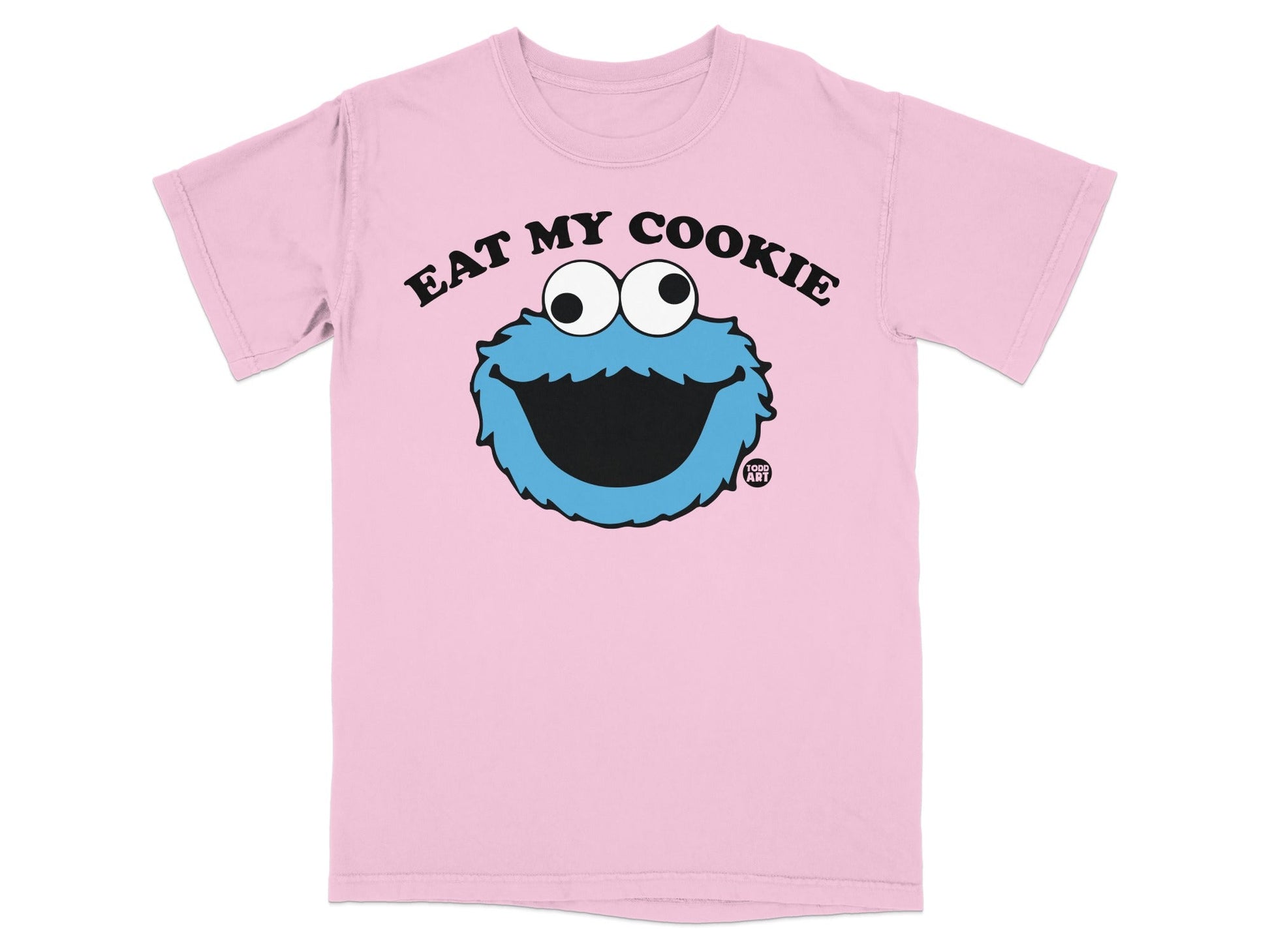 Pink t-shirt with Cookie Monster eating a cookie, "Eat My Cookie" text.