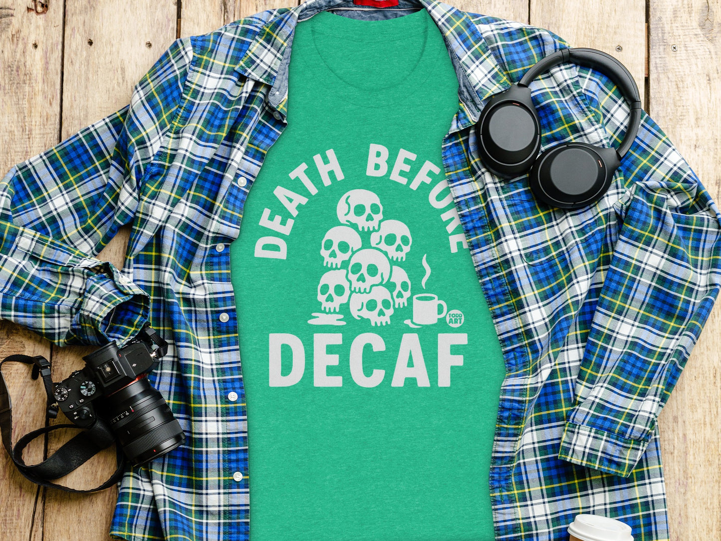 Death Before Decaf Skull Coffee Graphic Tee Shirt