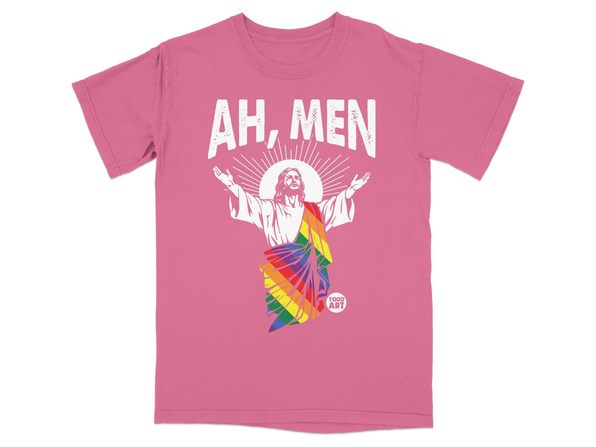 Pink t-shirt with Jesus figure and rainbow halo, text "AH, MEN" and "FOOD ART".