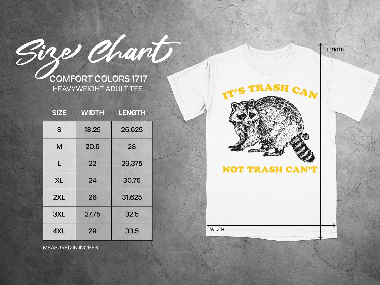 Comfort Colors 1717 size chart with raccoon graphic and text.