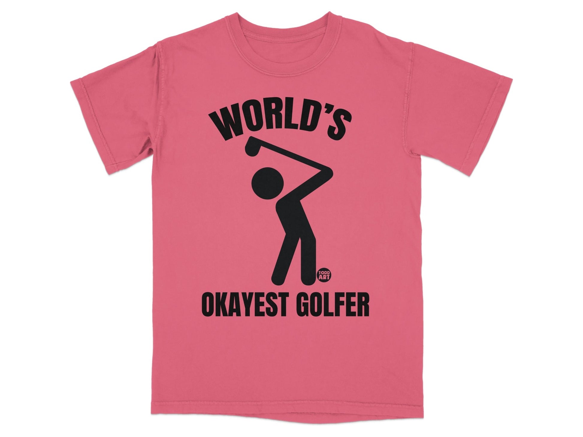 Coral t-shirt with a black graphic of a golfer and text "WORLD'S OKAYEST GOLFER".