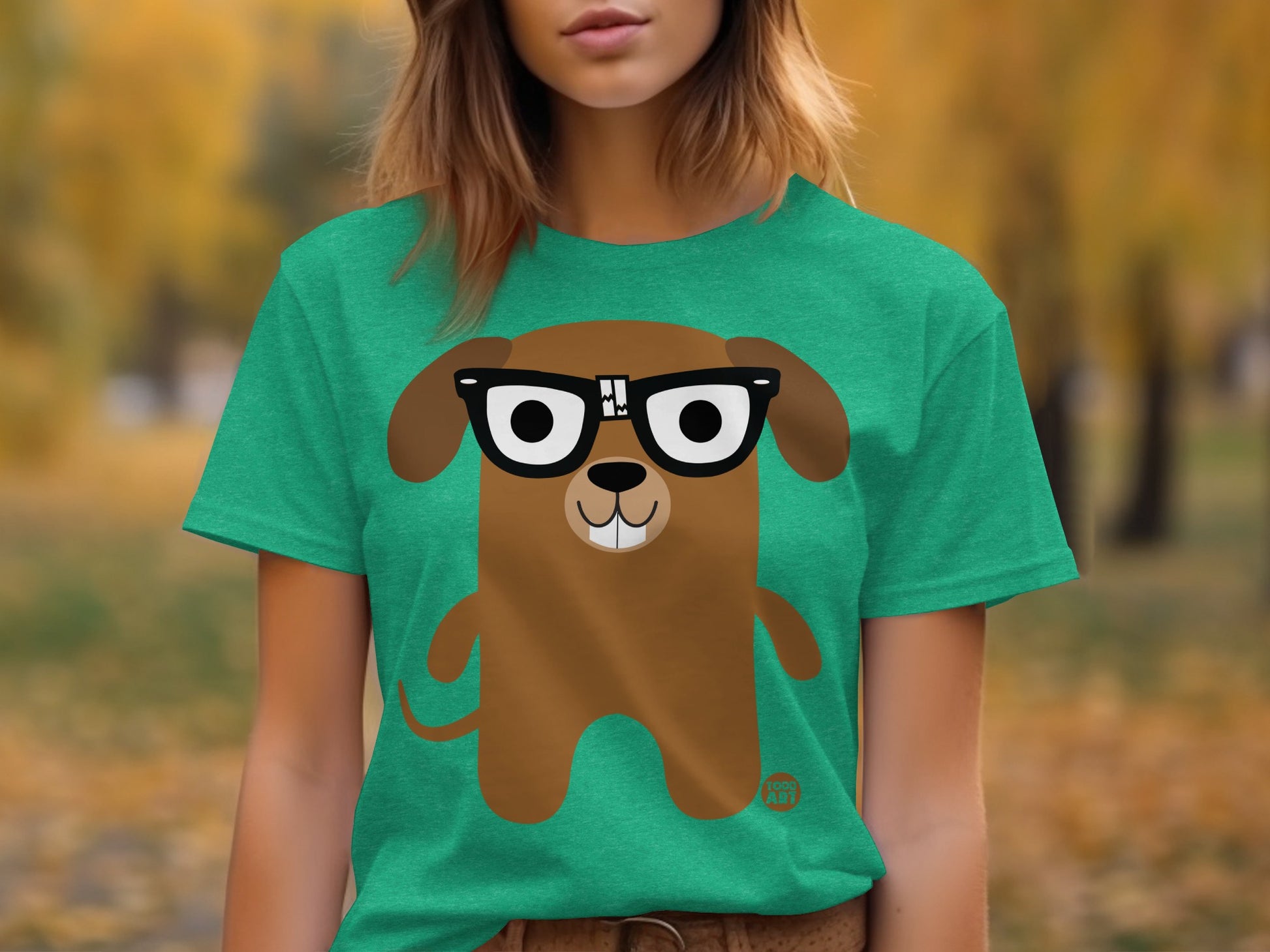 Cute Dog With Glasses Design on Green T-shirt Product