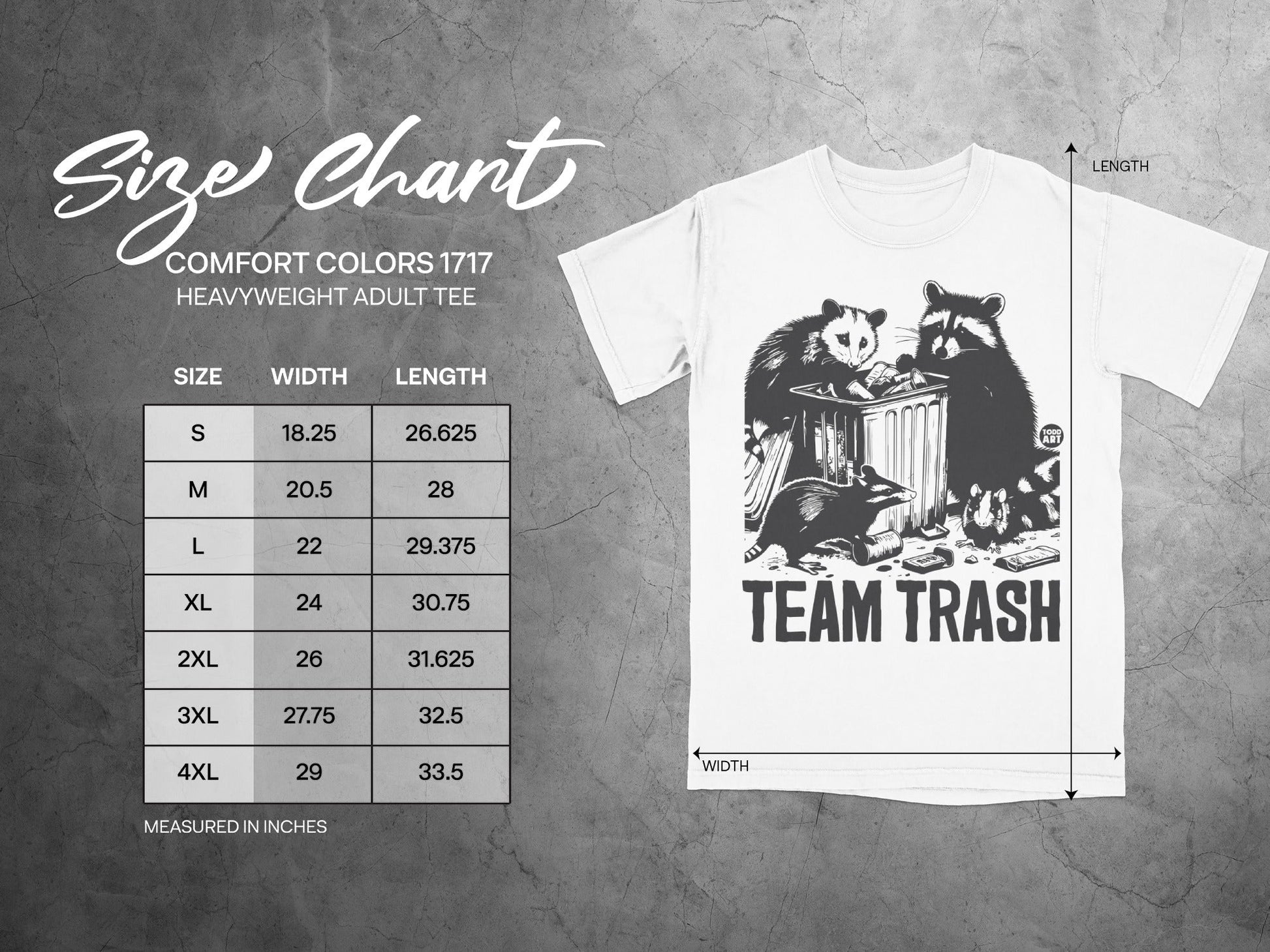 Comfort Colors 1717 size chart for heavyweight adult tee with "Team Trash" graphic.
