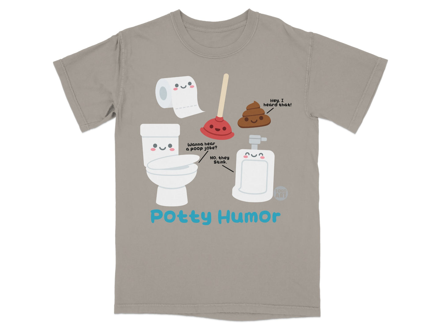 Toilet, plunger, and toilet paper characters with "Potty Humor" text.