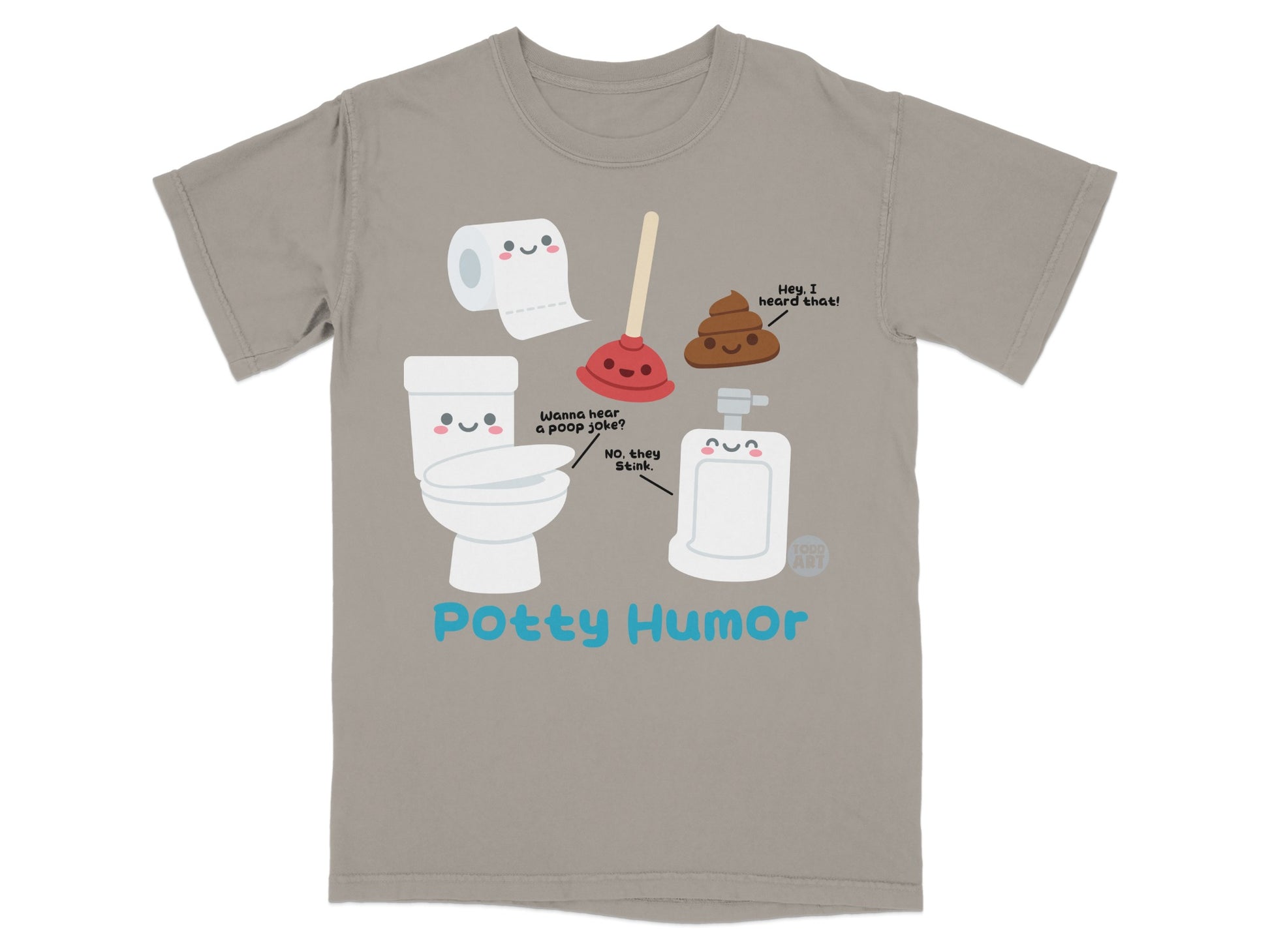Toilet, plunger, and toilet paper characters with "Potty Humor" text.