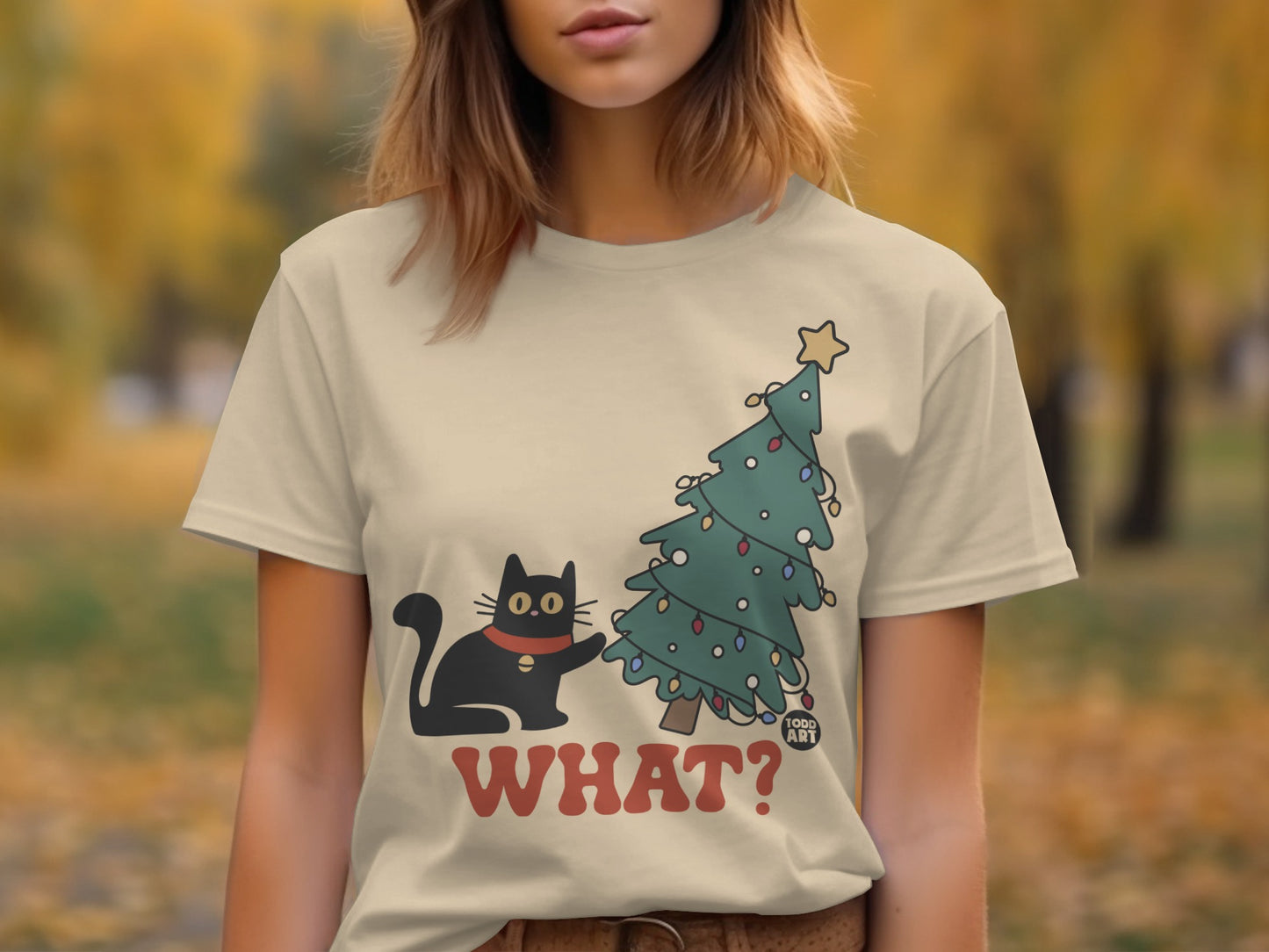 Funny Cat and Christmas Tree Graphic T-Shirt