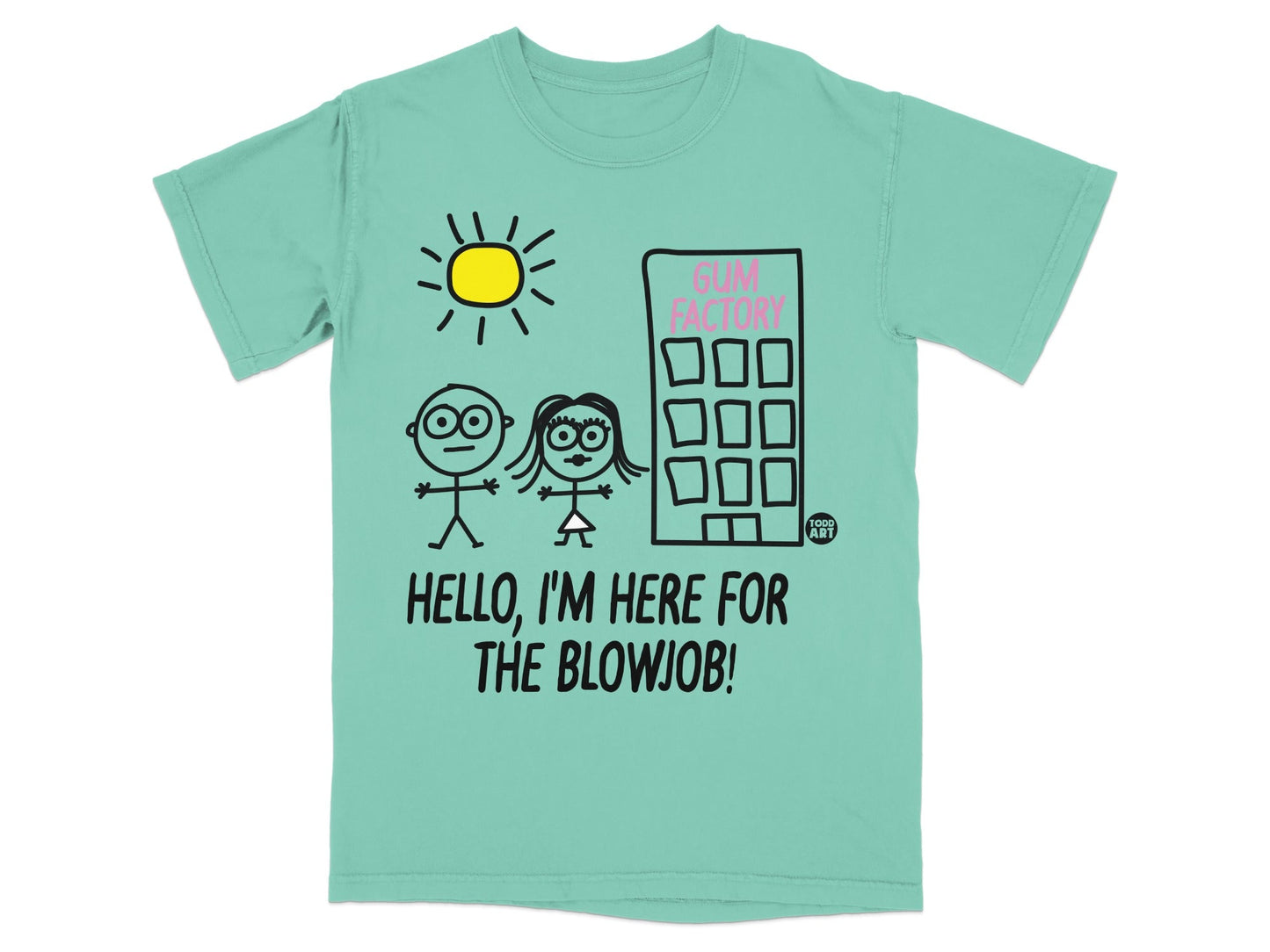 T-shirt with cartoon people and a factory labeled "GUM FACTORY".