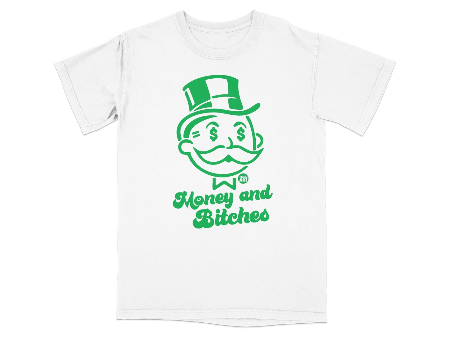 White t-shirt with a green cartoon Monopoly man wearing a hat and dollar signs.