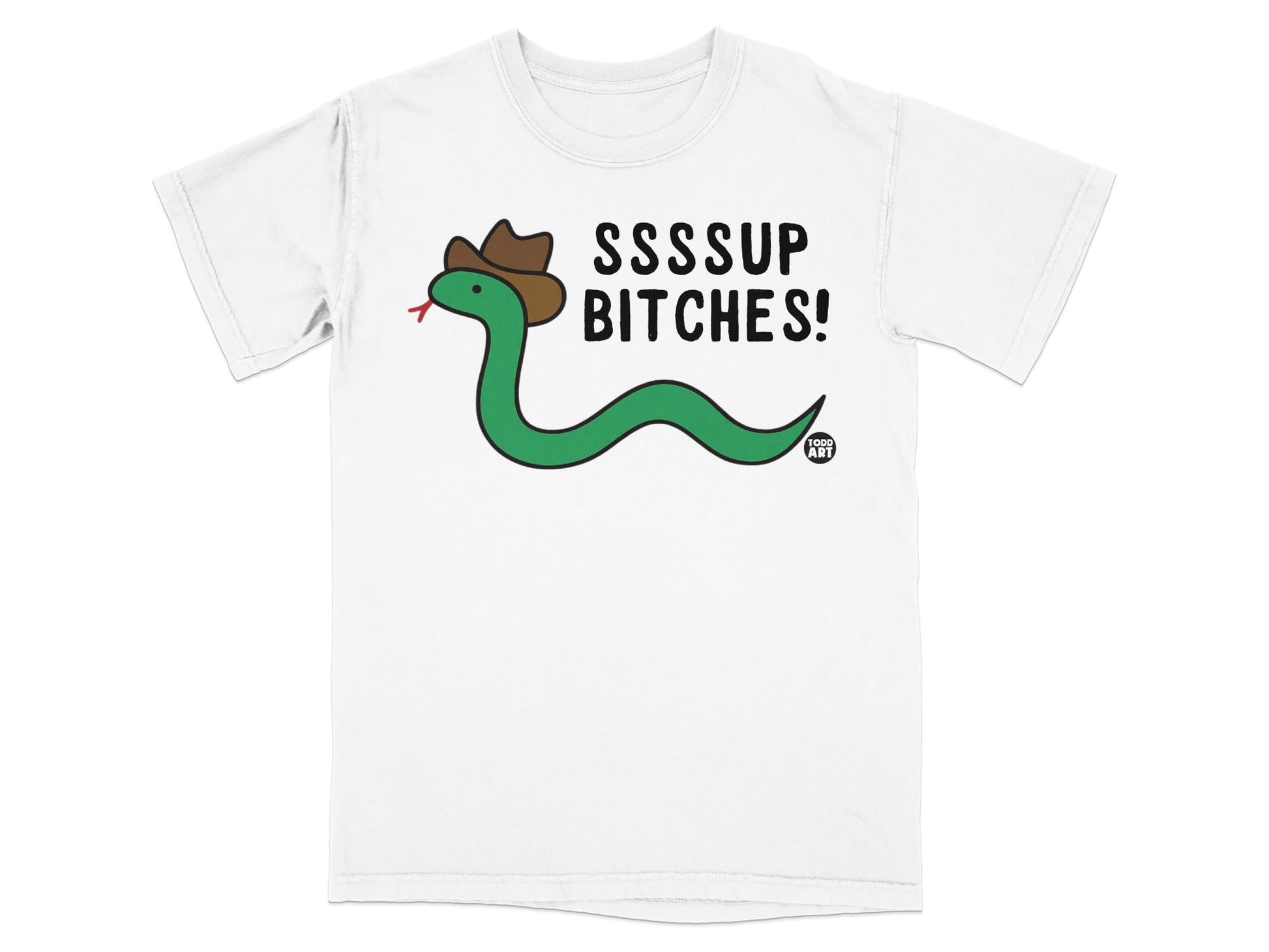 Green snake wearing a cowboy hat and sunglasses, text SSSSUP BITCHES!