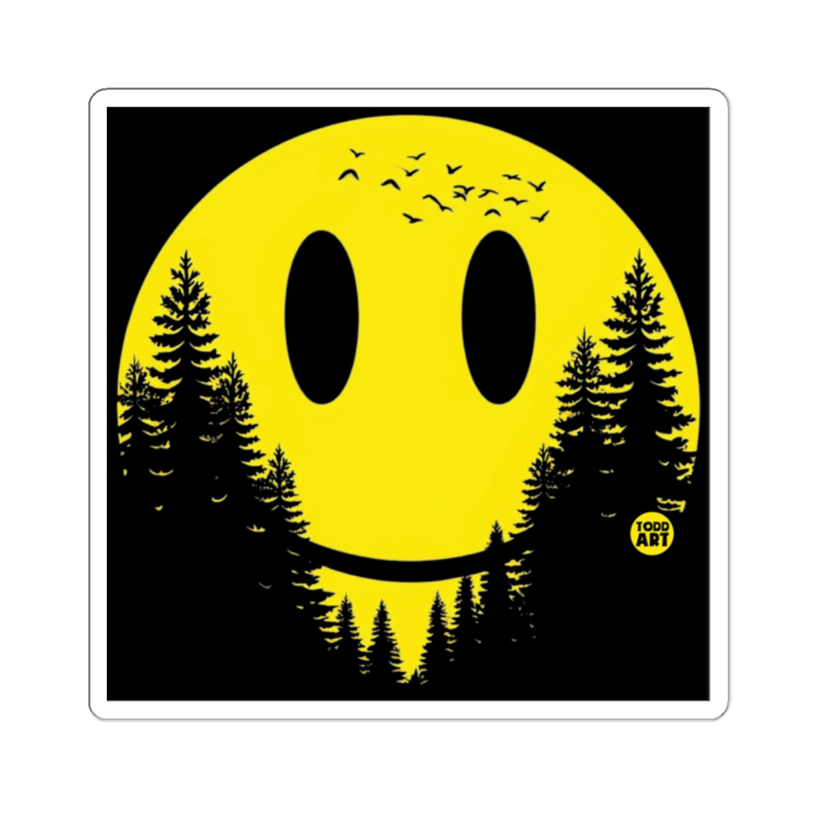 Yellow Smiley Face Forest Trees Birds Todd Art 