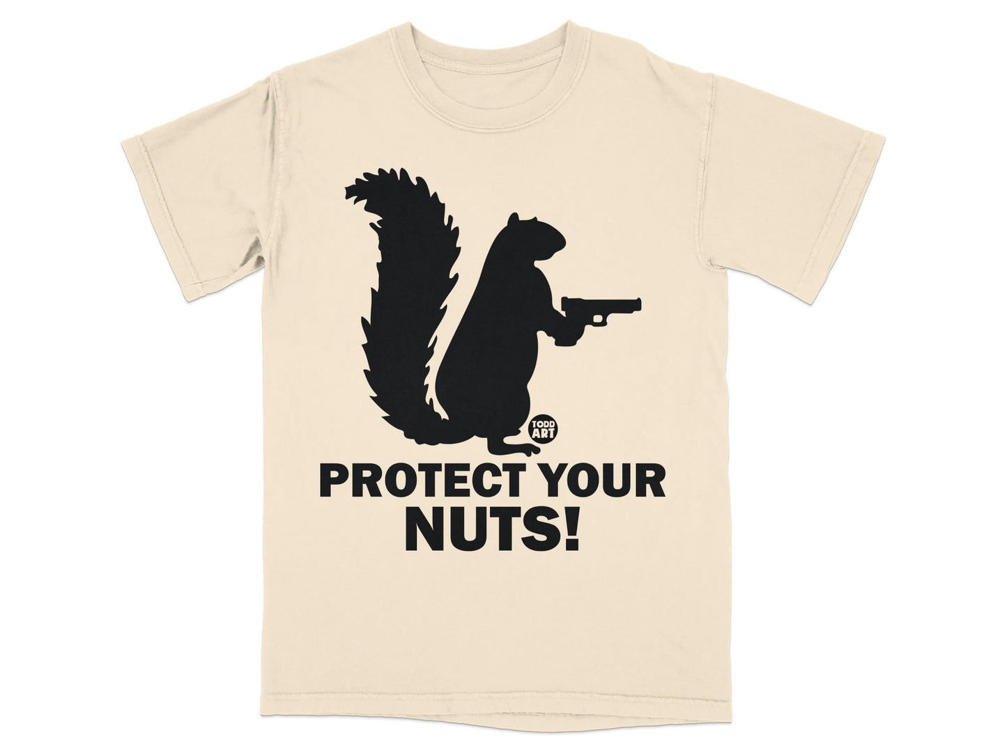 Black silhouette of a squirrel holding a gun with text "PROTECT YOUR NUTS!".