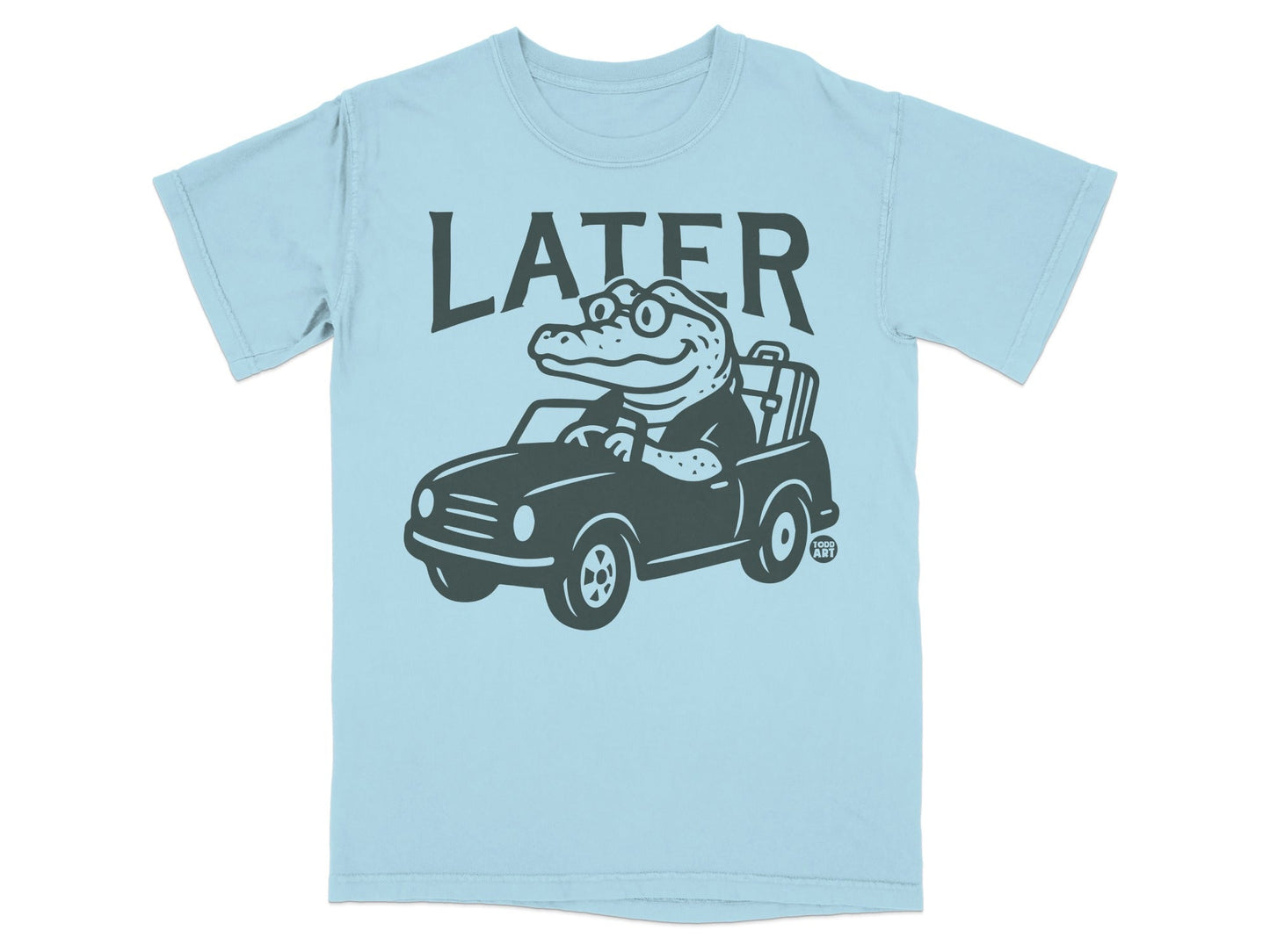 Alligator wearing glasses driving a car with luggage.