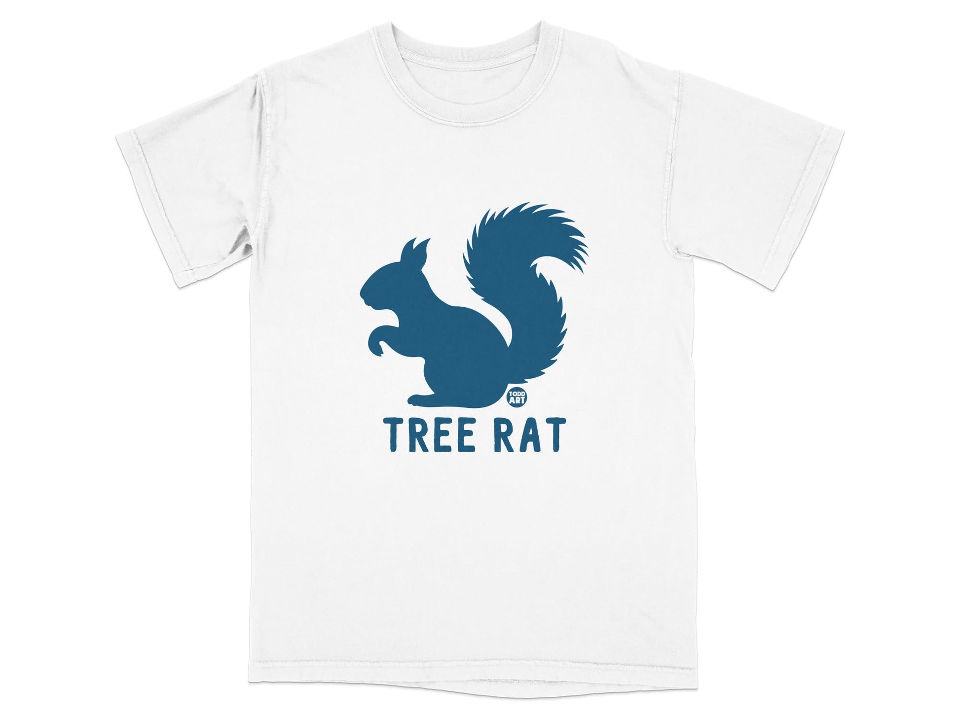Blue squirrel silhouette with "TREE RAT" text on a white t-shirt.