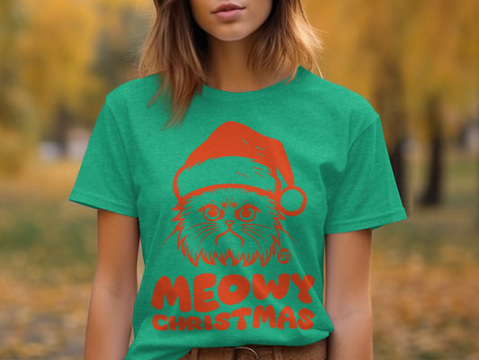 Meowy Christmas Cat Graphic Print Holiday T-shirt