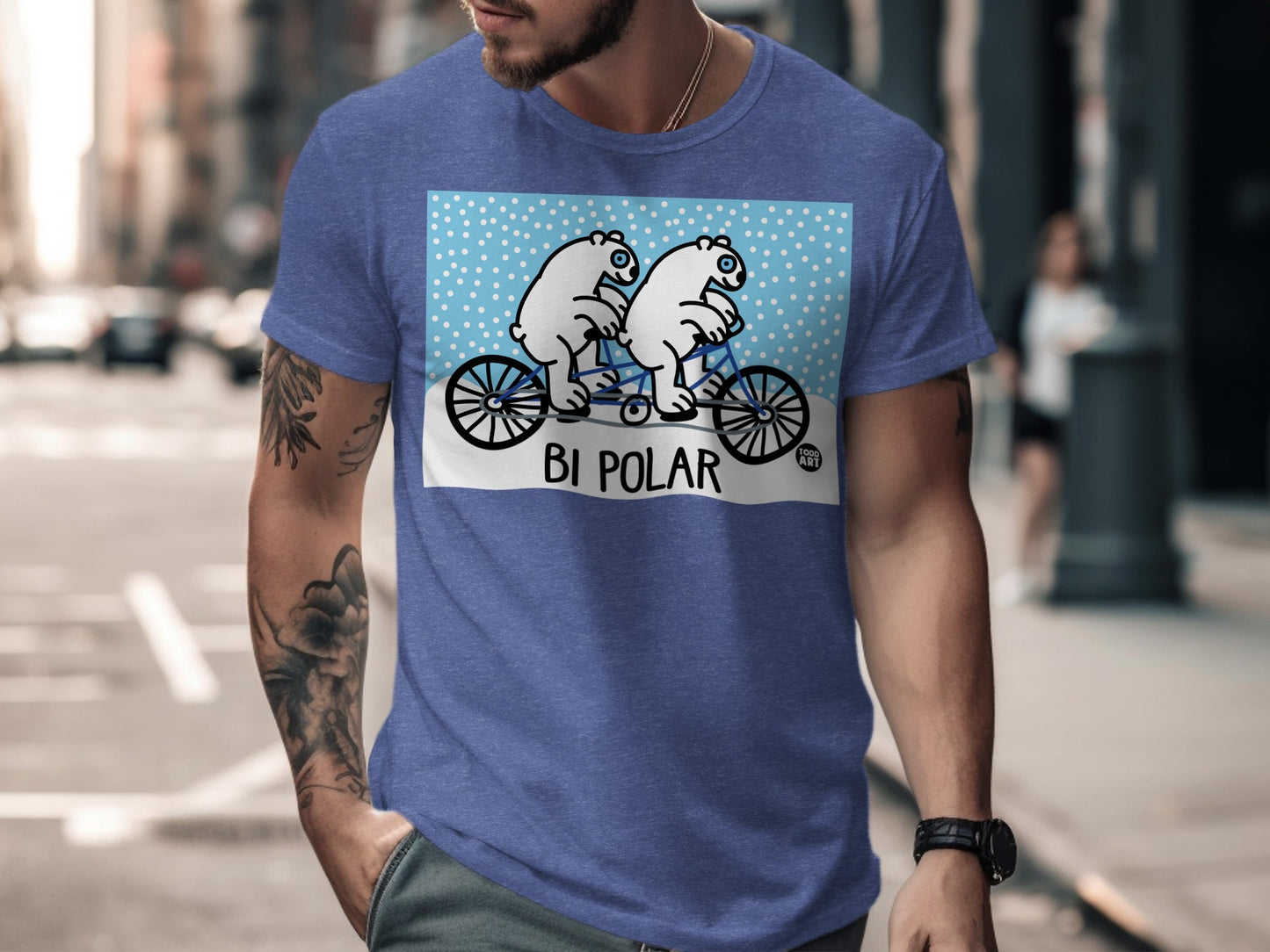Bi Polar Cartoon Biking Bears Blue Graphic T-Shirt