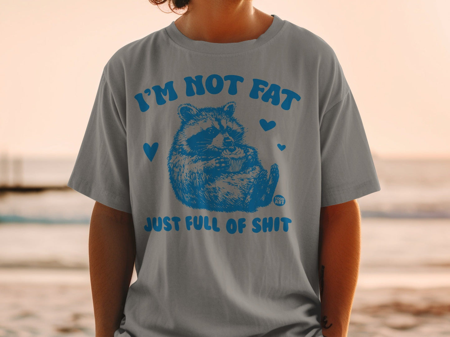 Gray t-shirt with blue raccoon graphic and text.