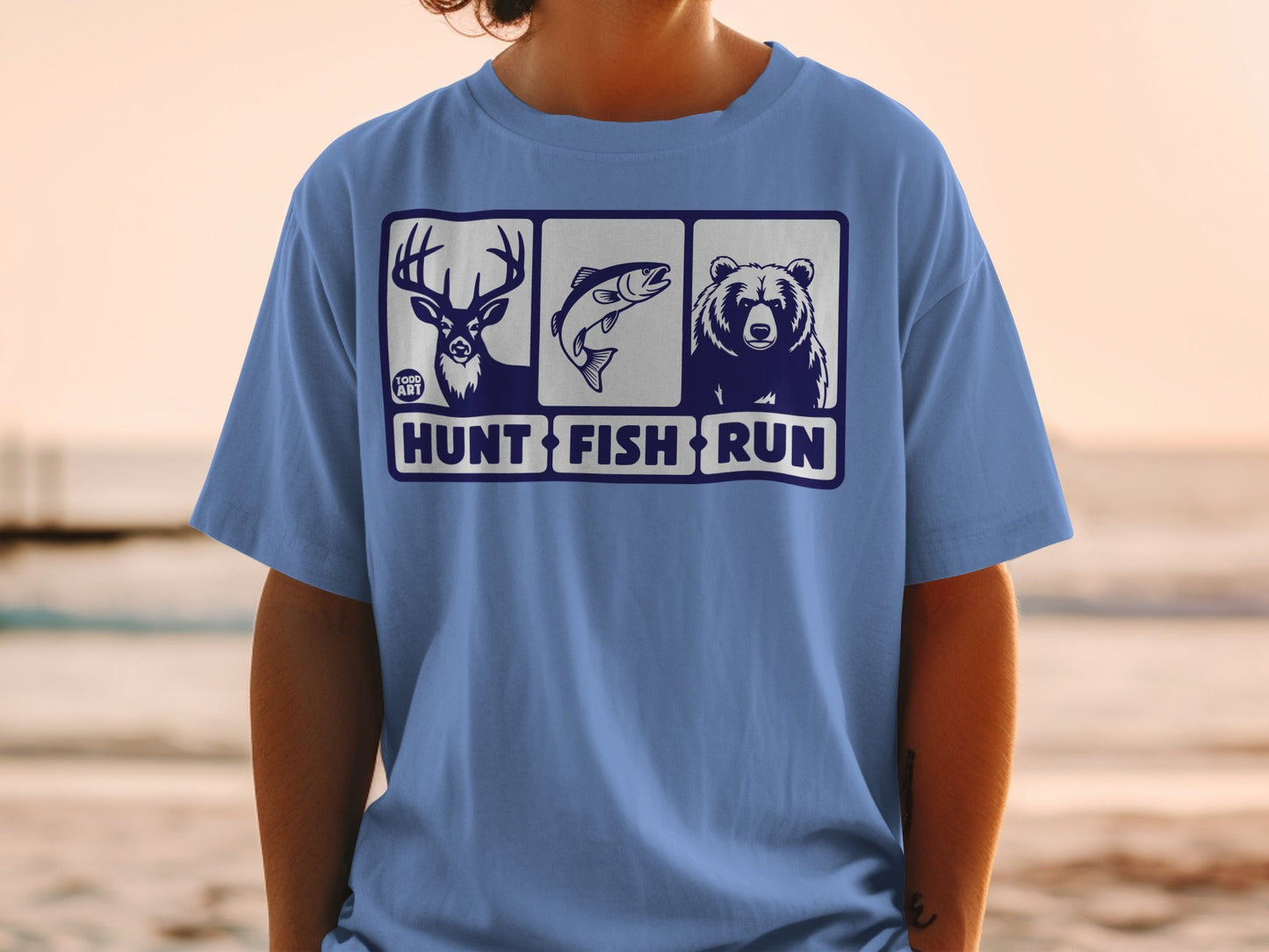Hunt Fish Run Deer Fish Bear Blue Graphic T-Shirt